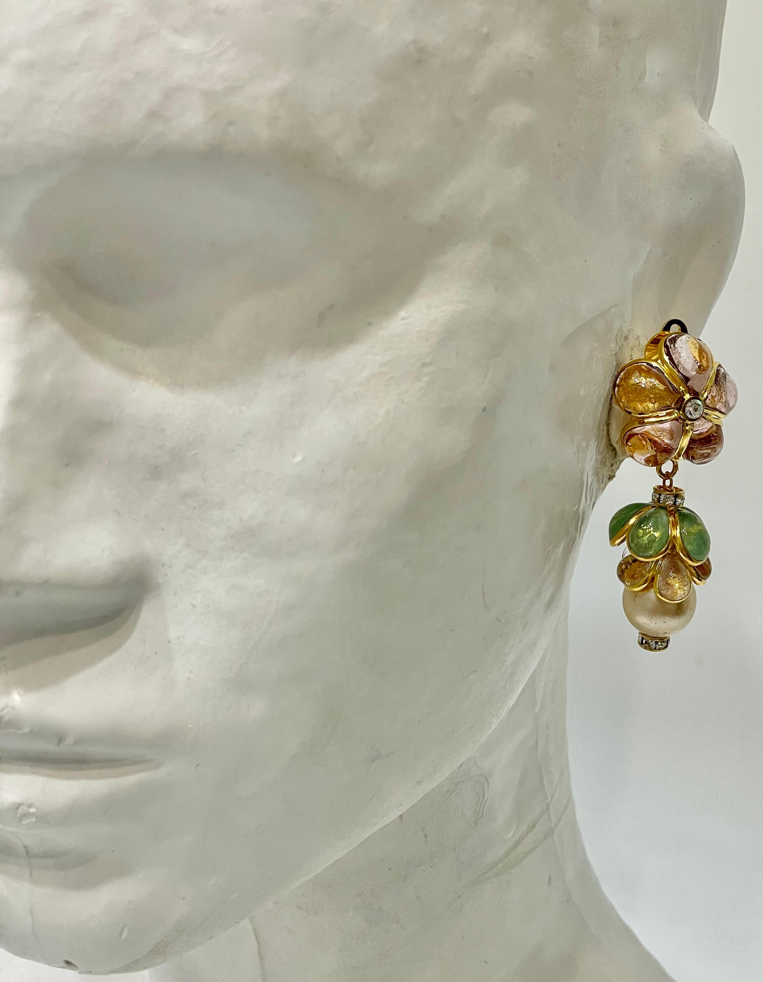 Women's or Men's Pate De Verre Gold Leaf Flower and Pearl Earrings 