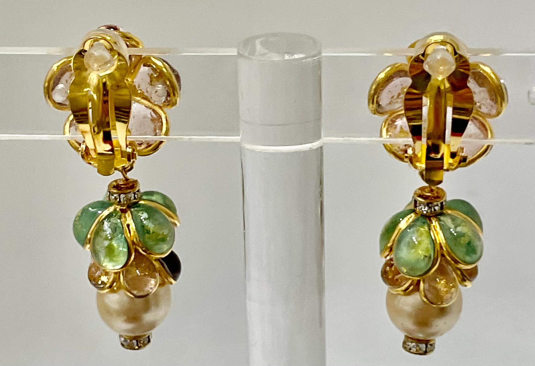 Pate De Verre Gold Leaf Flower and Pearl Earrings  3