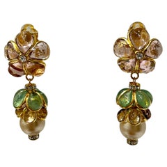 Pate De Verre Gold Leaf Flower and Pearl Earrings 