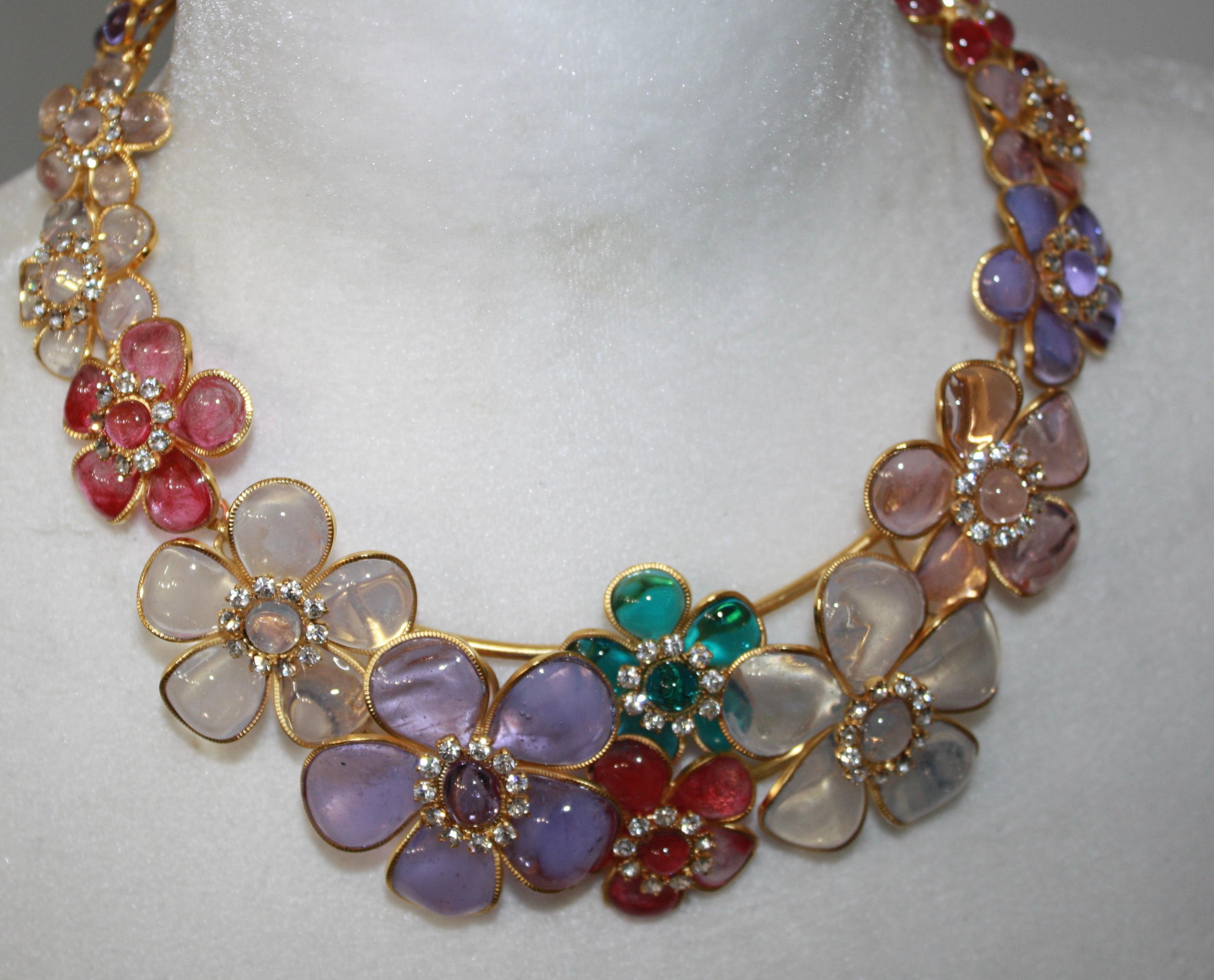 Masterfully crafted glass necklace in dreamy hues with crystal details from Pate de Verre Collection. 
Designed by a former artisan of the Atelier de GRIPOIX in the savoir faire used for all the Chanel pieces they executed.
This is a very specific