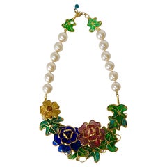 Pate de Verre Multicolor Flower and Pearls Choker