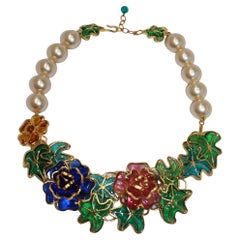 Pate de Verre Multicolor Flower and Pearls Choker