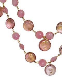 Pate De Verre Opaque White, Pink and Clear with Gold Leaves, Sautoir