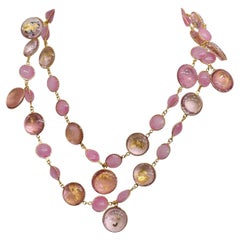 Pate De Verre Opaque White, Pink and Clear with Gold Leaves, Sautoir