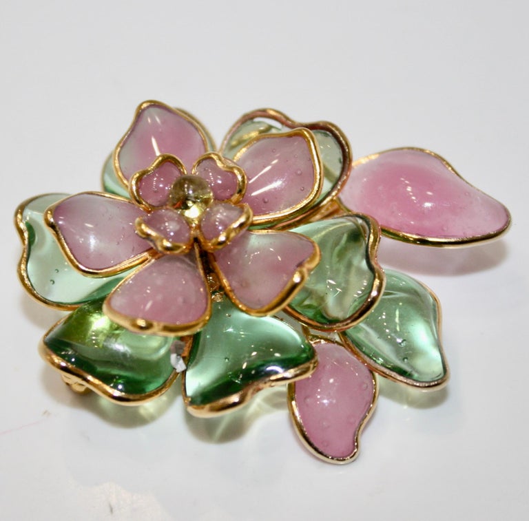 Aesthetic Movement Pate De Verre Pink and Green Flower Brooch For Sale