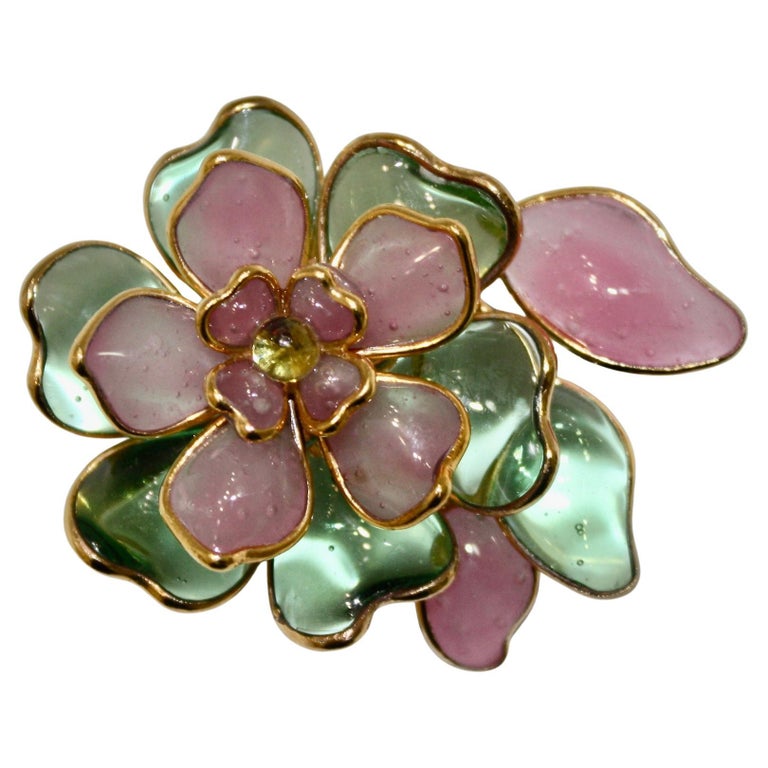 Pate De Verre Pink and Green Flower Brooch For Sale