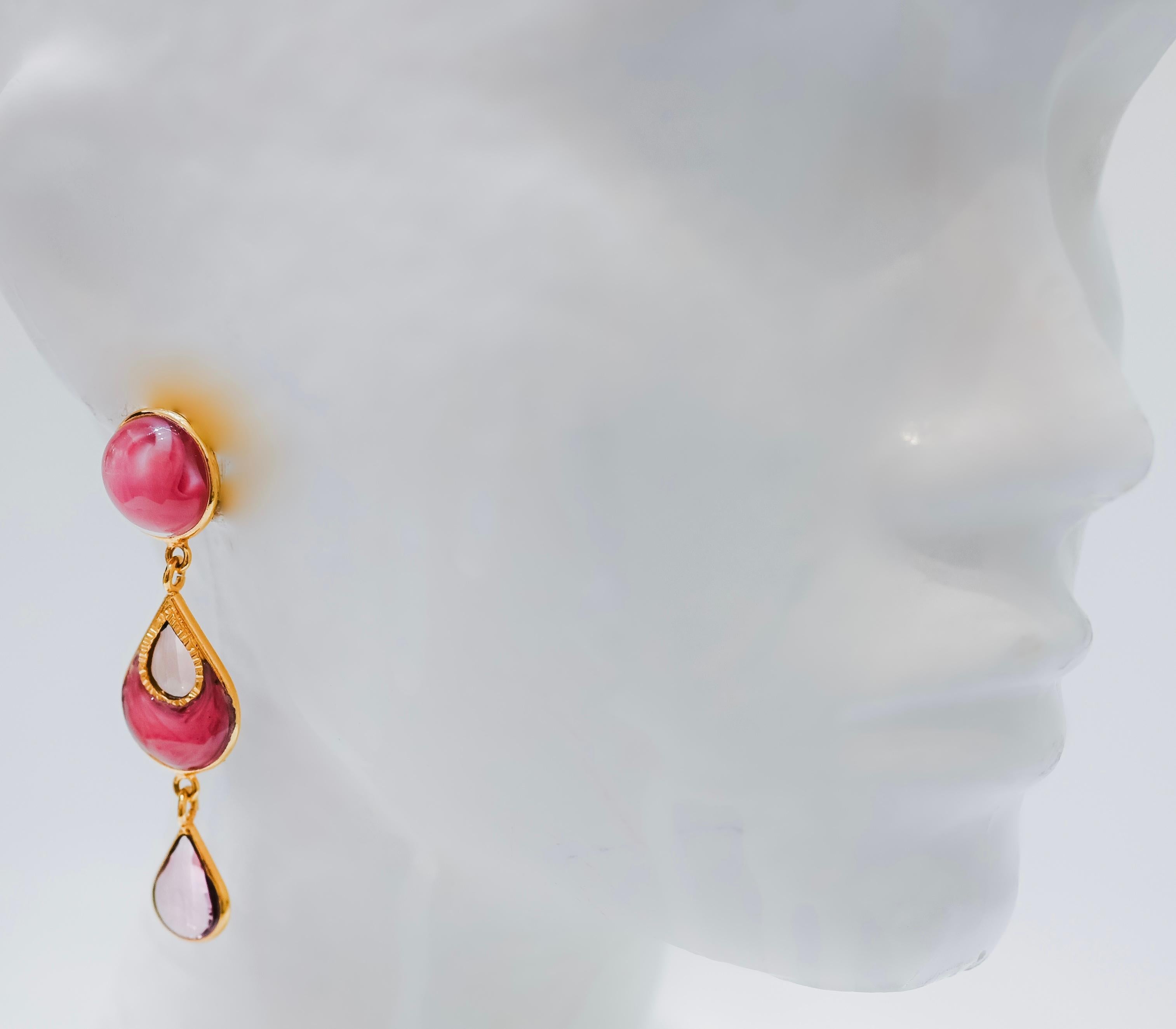 Women's or Men's Pate De Verre Pink Drop Earrings  For Sale