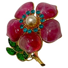 Pate de Verre Pink flower Brooch with Pearl