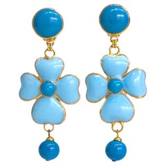 Pate de Verre Turquoise Clover Clip Earrings