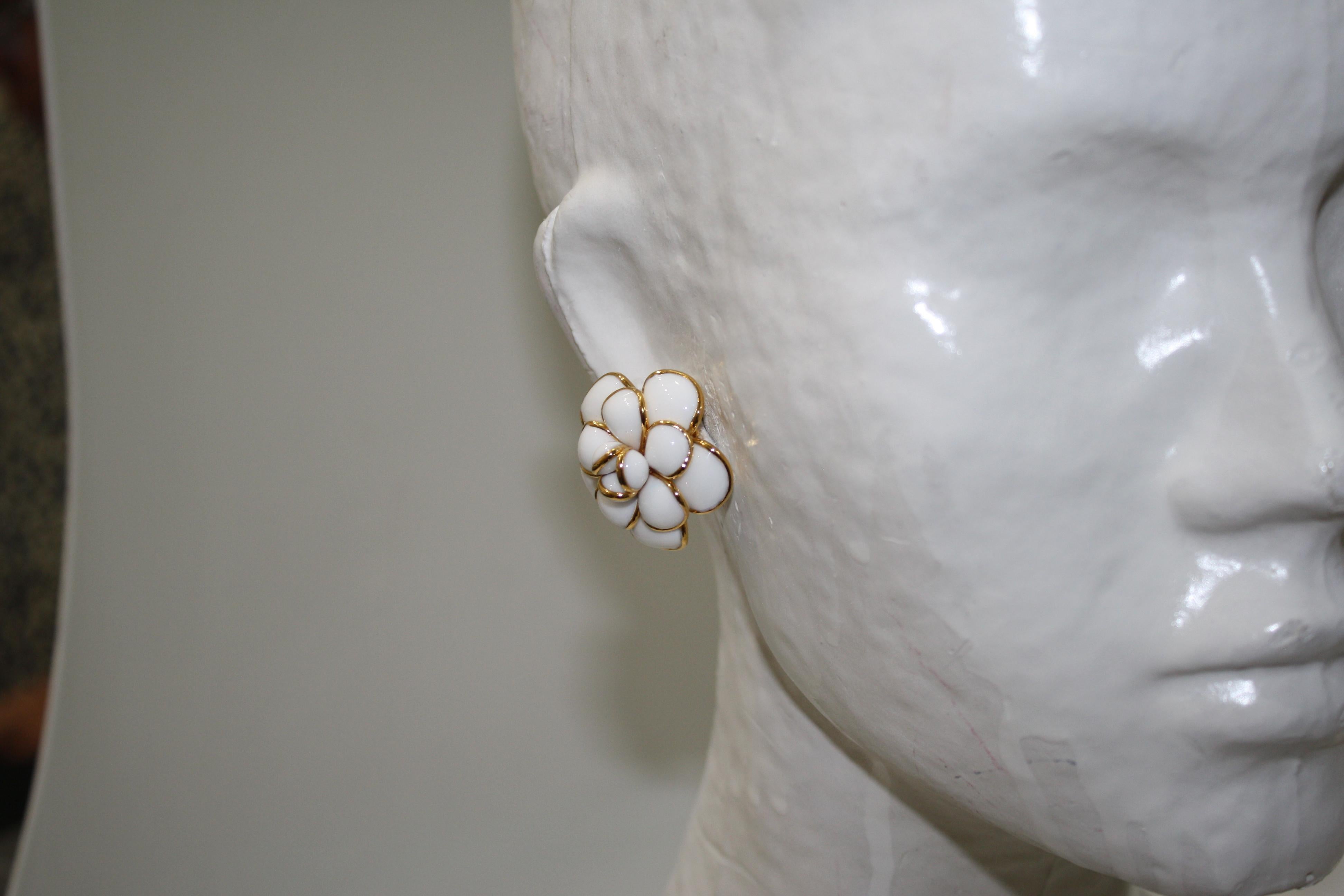 Women's or Men's Pate de Verre White Camelia Earrings