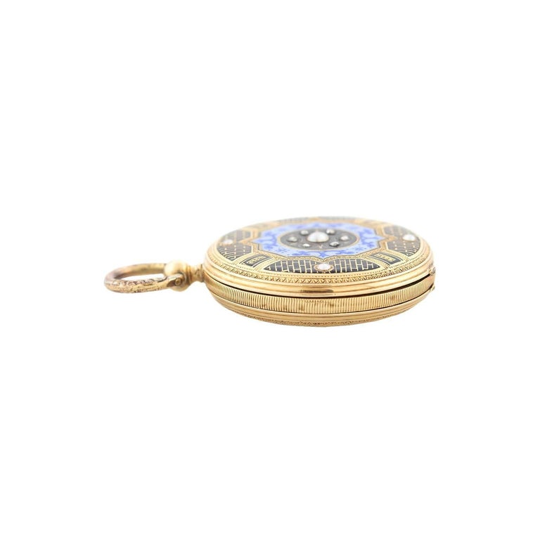 Rose Cut Pateck & Co. 18kt Diamond, Pearl + Enamel Pocket Watch For Sale