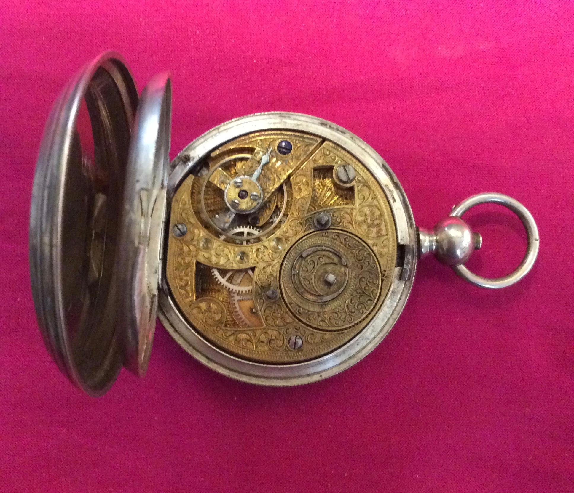 A very specially crafted silver Pocket watch. This lovely piece is a twin- dial, one signed ‘Bombay’ and another ‘Railway Time’. It is also a sweep second and to be wound with key. In superb condition, circa 1890. 