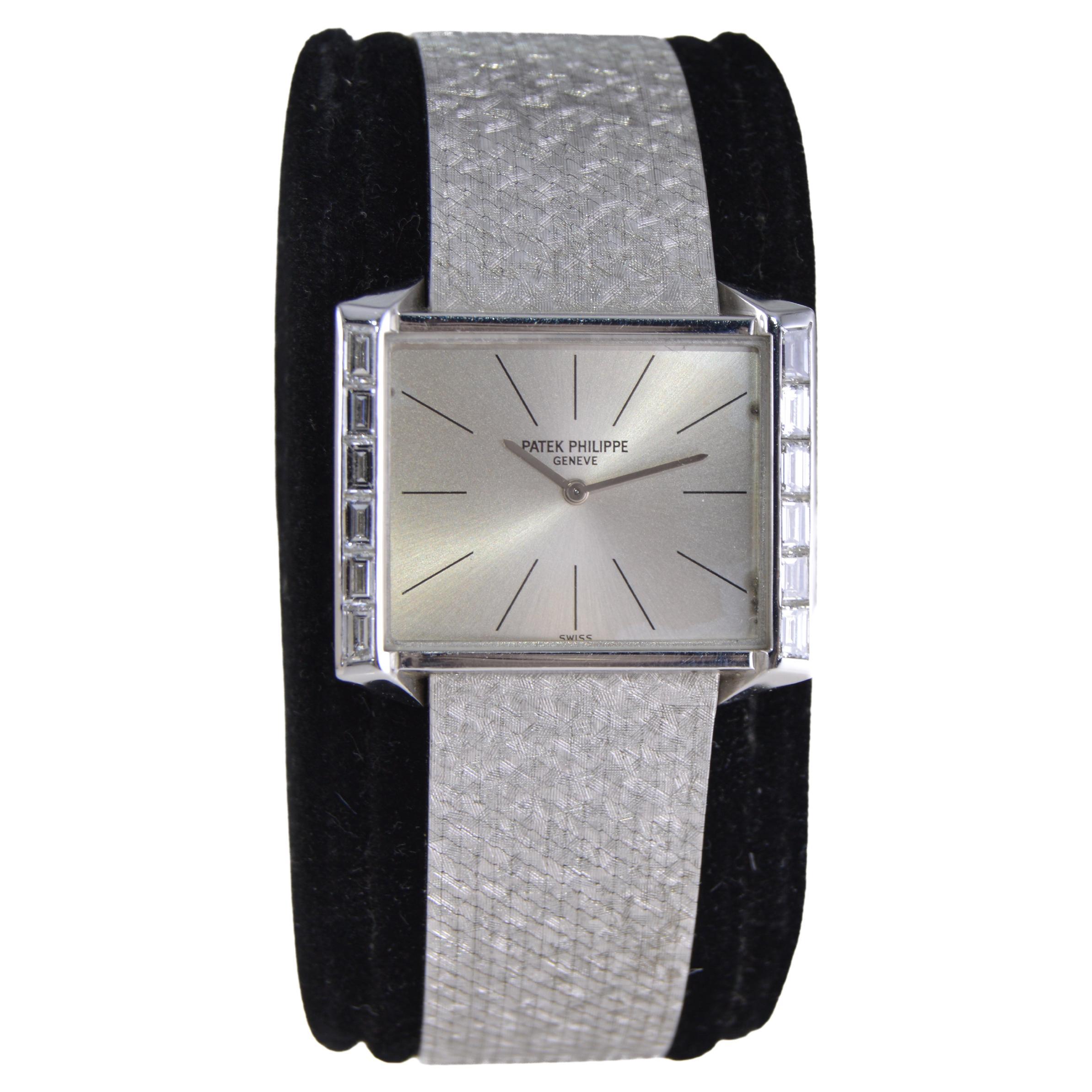 Modernist Patek 18kt White Gold with Original Factory Bracelet & Diamond Bezel circa 1960s