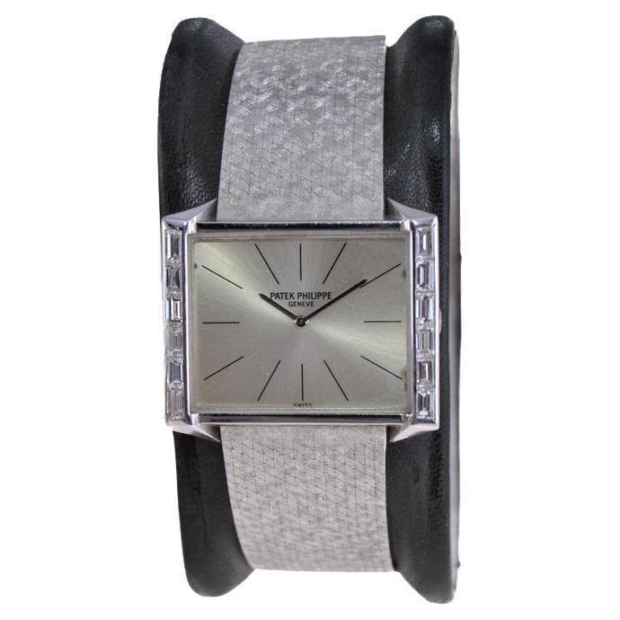 Baguette Cut Patek 18kt White Gold with Original Factory Bracelet & Diamond Bezel circa 1960s