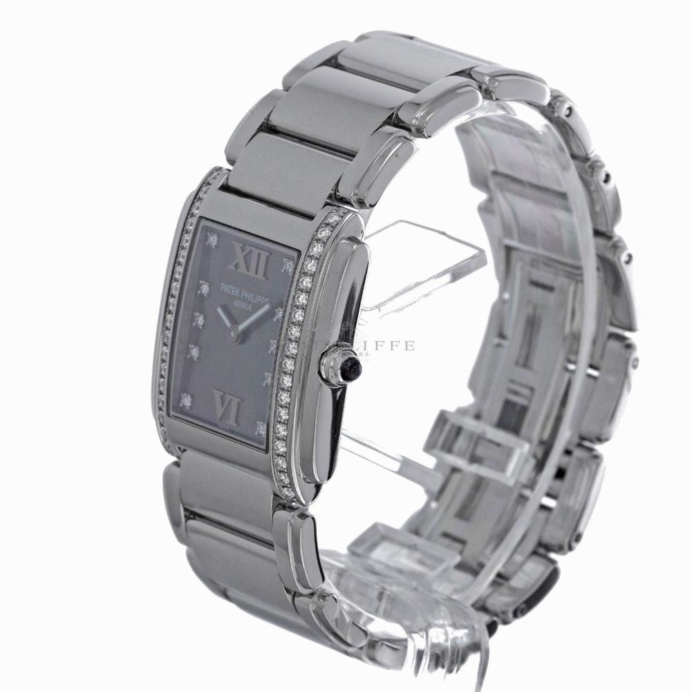 Contemporary Patek 4910 Twenty-4 Grey Diamond Dial 4910/10A-010 Quartz Ladies Watch For Sale