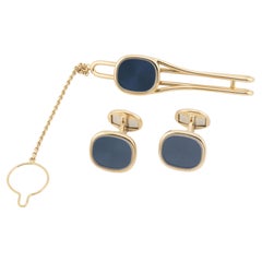 Patek Golden Ellipse Blue Sunburst 18k Yellow Gold Cufflinks Tiebar