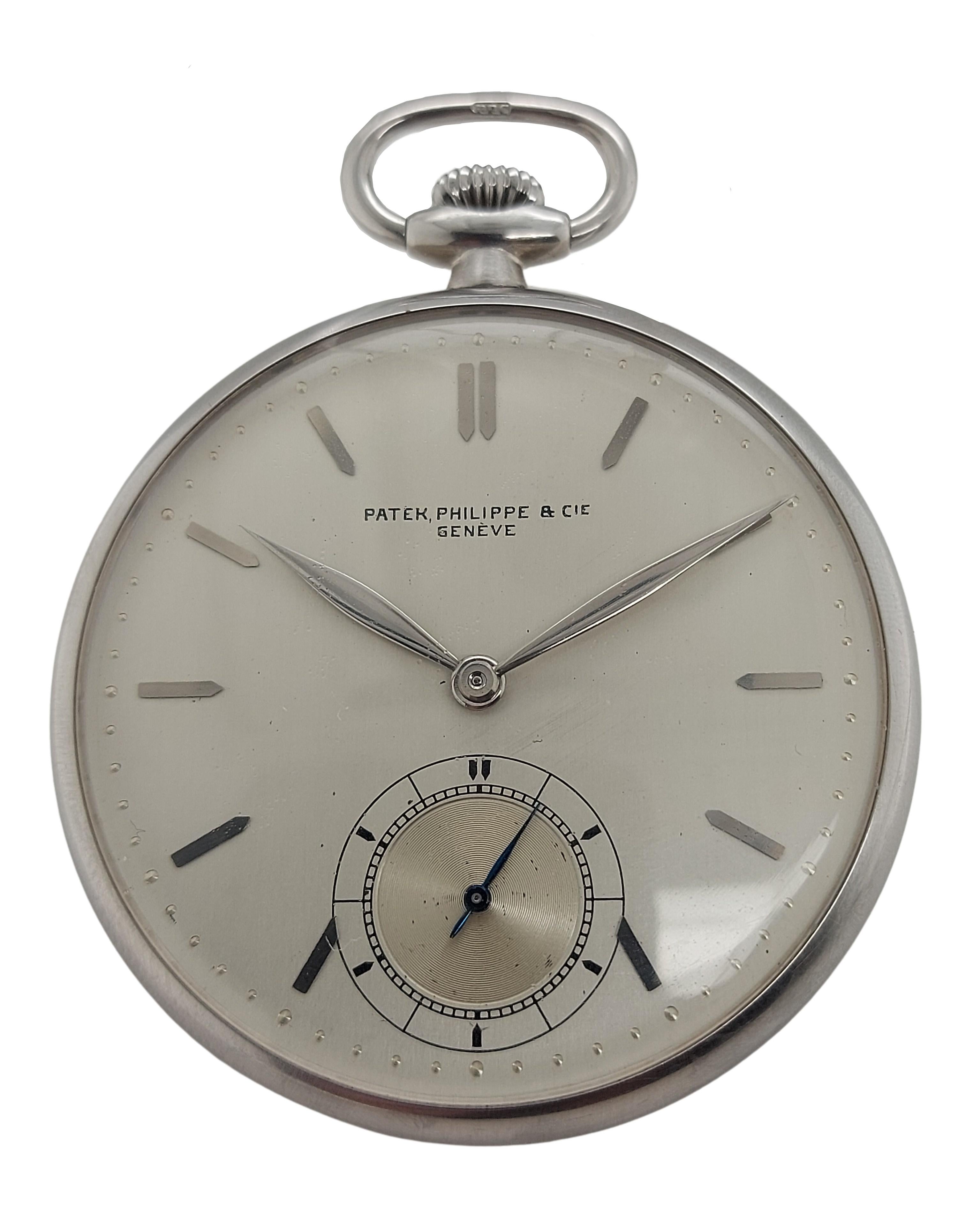 Magnificent Staybrite Steel Patek Philip & Cie Pocket Watch 

Extremely rare and Collectable in unseen condition !

Movement: Mechanical Manual Winding with extra fine regulation and seal of Geneva

Case: Steel case, Diameter 46.5 mm, Thickness 10