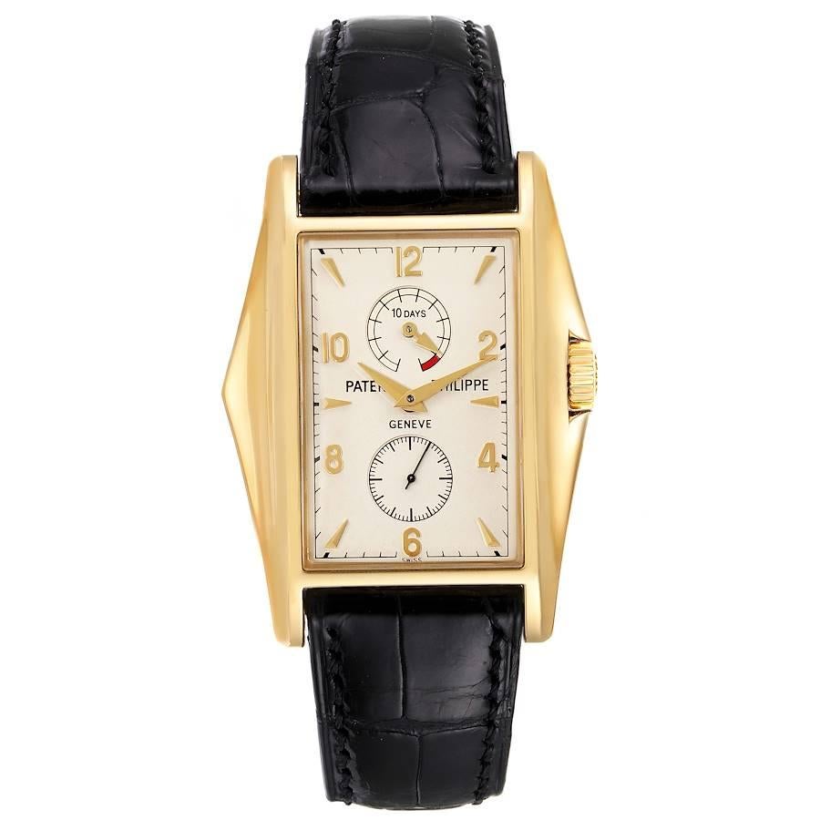 Patek Philippe 10 Day Power Reserve Yellow Gold Mens Watch 5100 Box Papers. Manual-winding movement. Damascened nickel lever 10-day movement driven by dual main spring barrels, free-sprung gyromax balance, adjusted to heat, cold, isochronism and 5