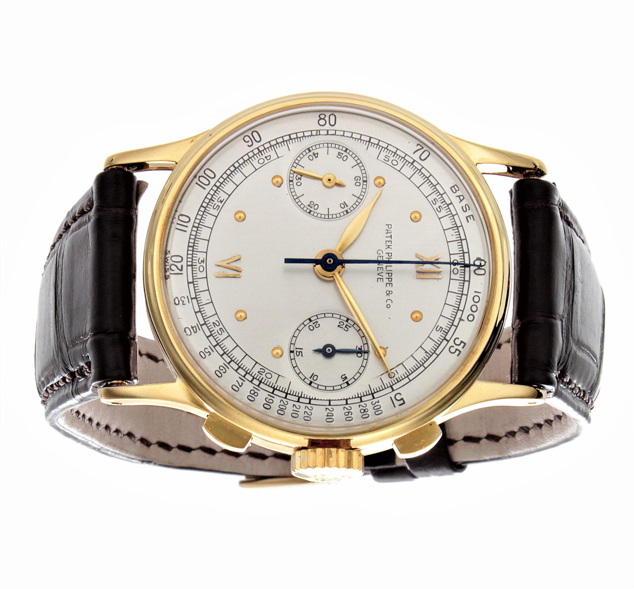 Introduction:

Patek Philippe 130J Vintage Chronograph is made in 18K  yellow gold, and measures 33.5 mm.  The watch was made in 1940, and is fitted  with a 13