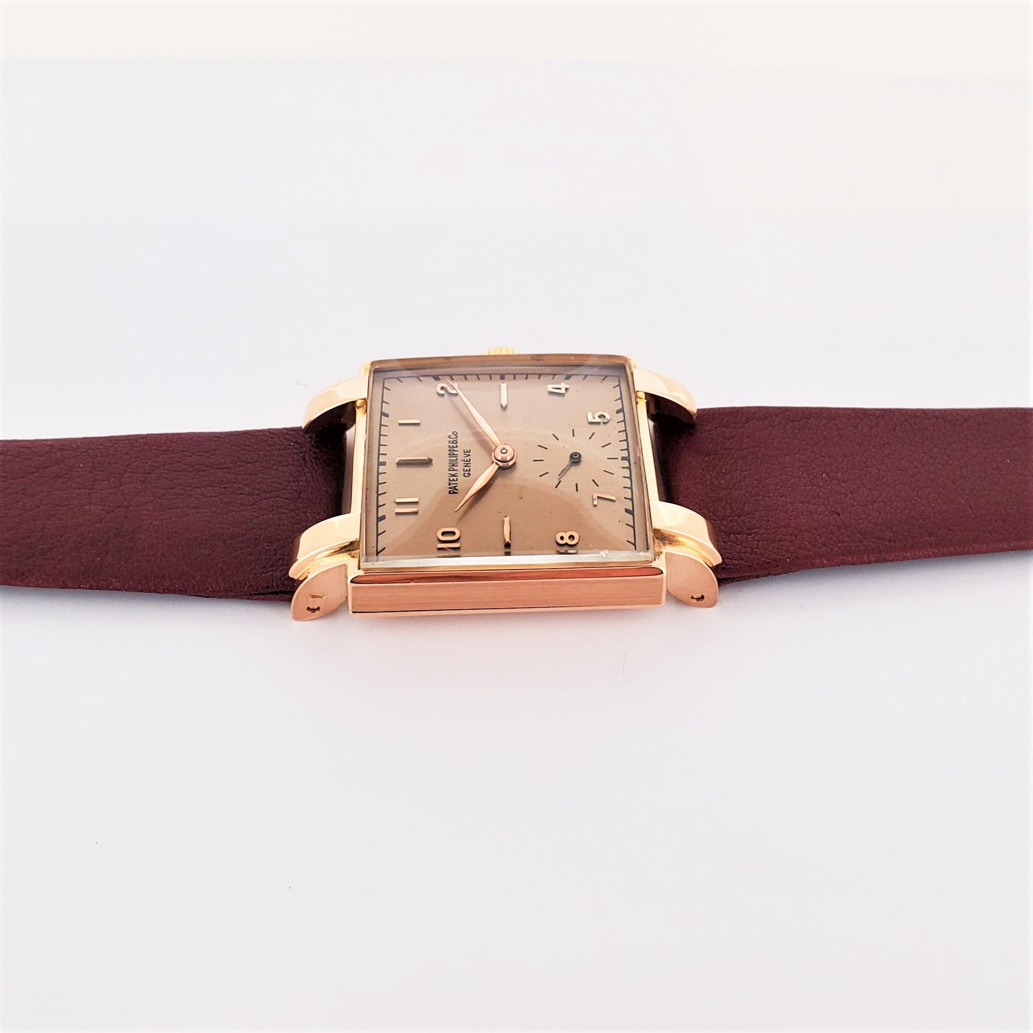 Quadratische Uhr von Patek Philippe 1566R aus Roségold, um 1947 im Zustand „Hervorragend“ im Angebot in Santa Monica, CA