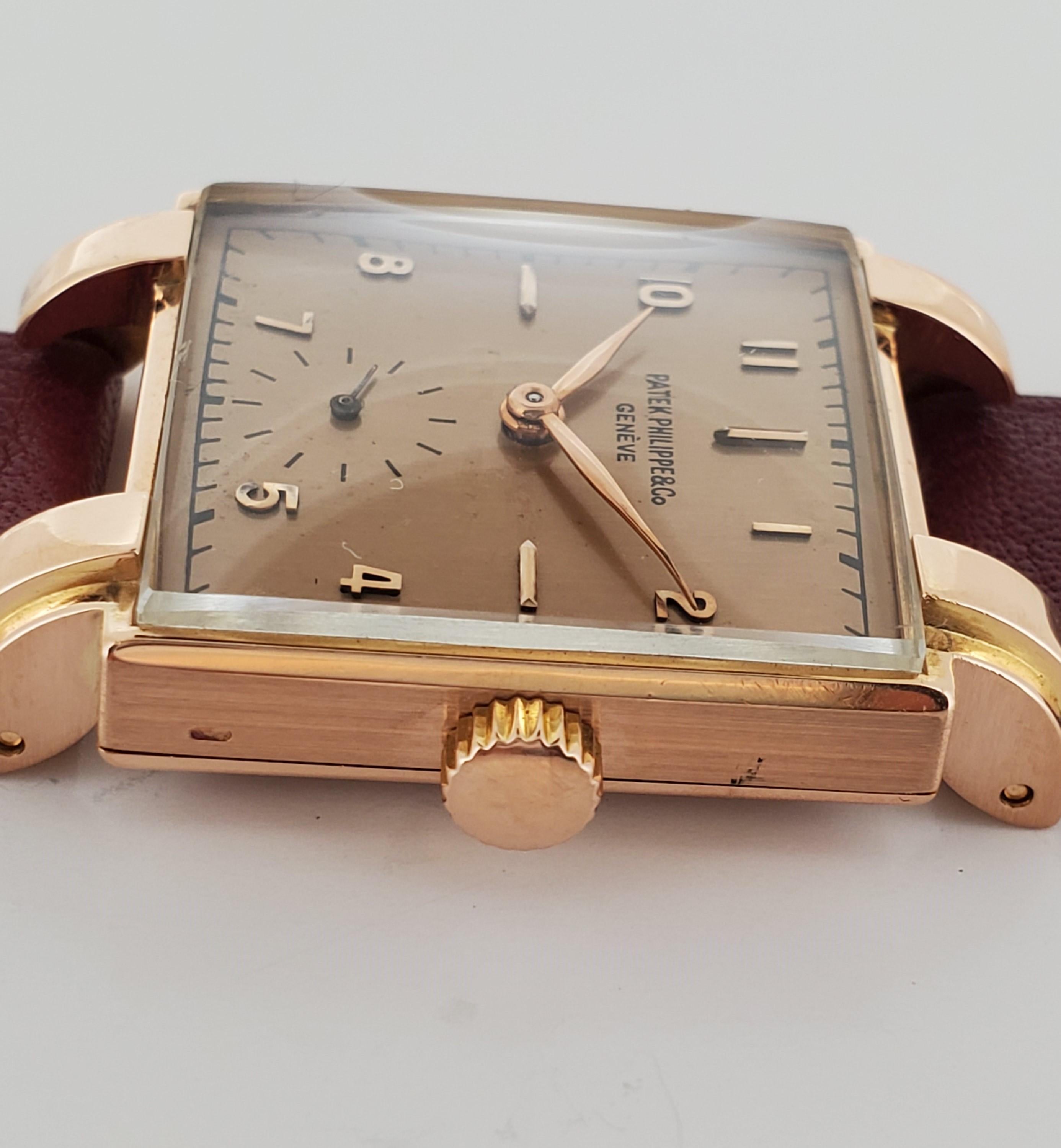 Quadratische Uhr von Patek Philippe 1566R aus Roségold, um 1947 für Damen oder Herren im Angebot