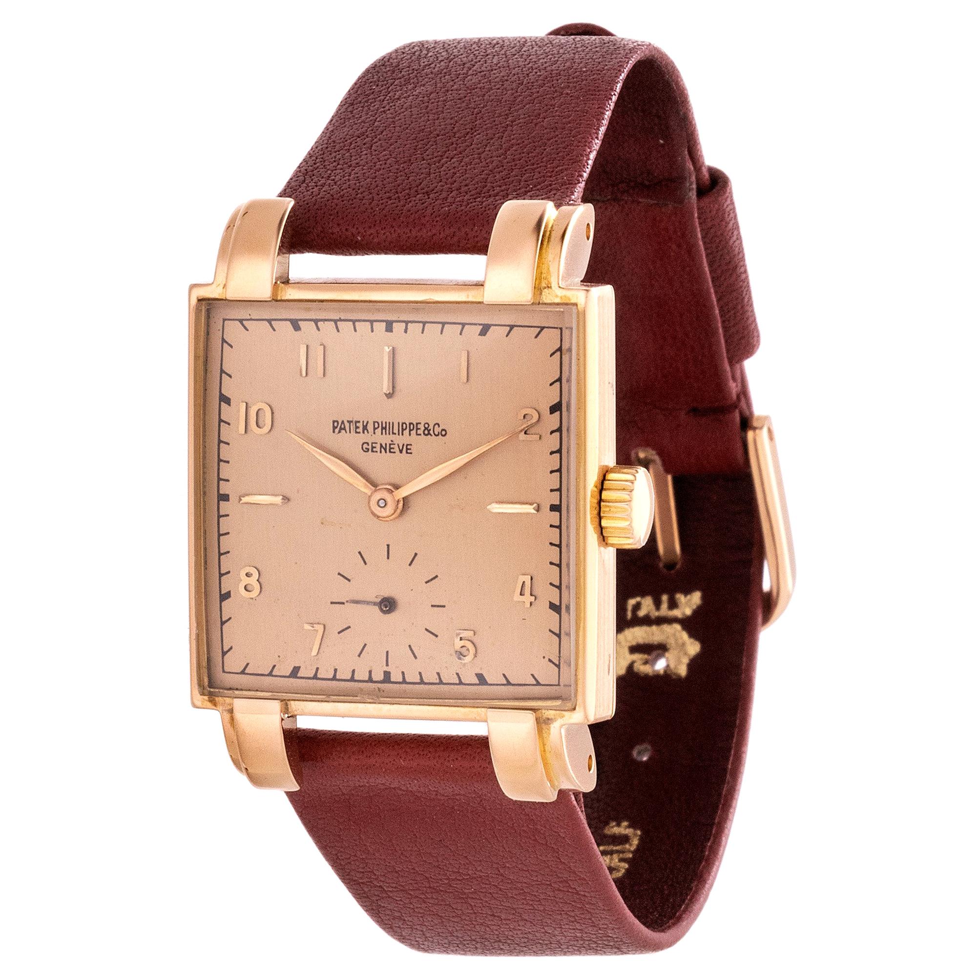 Quadratische Uhr von Patek Philippe 1566R aus Roségold, um 1947 im Angebot