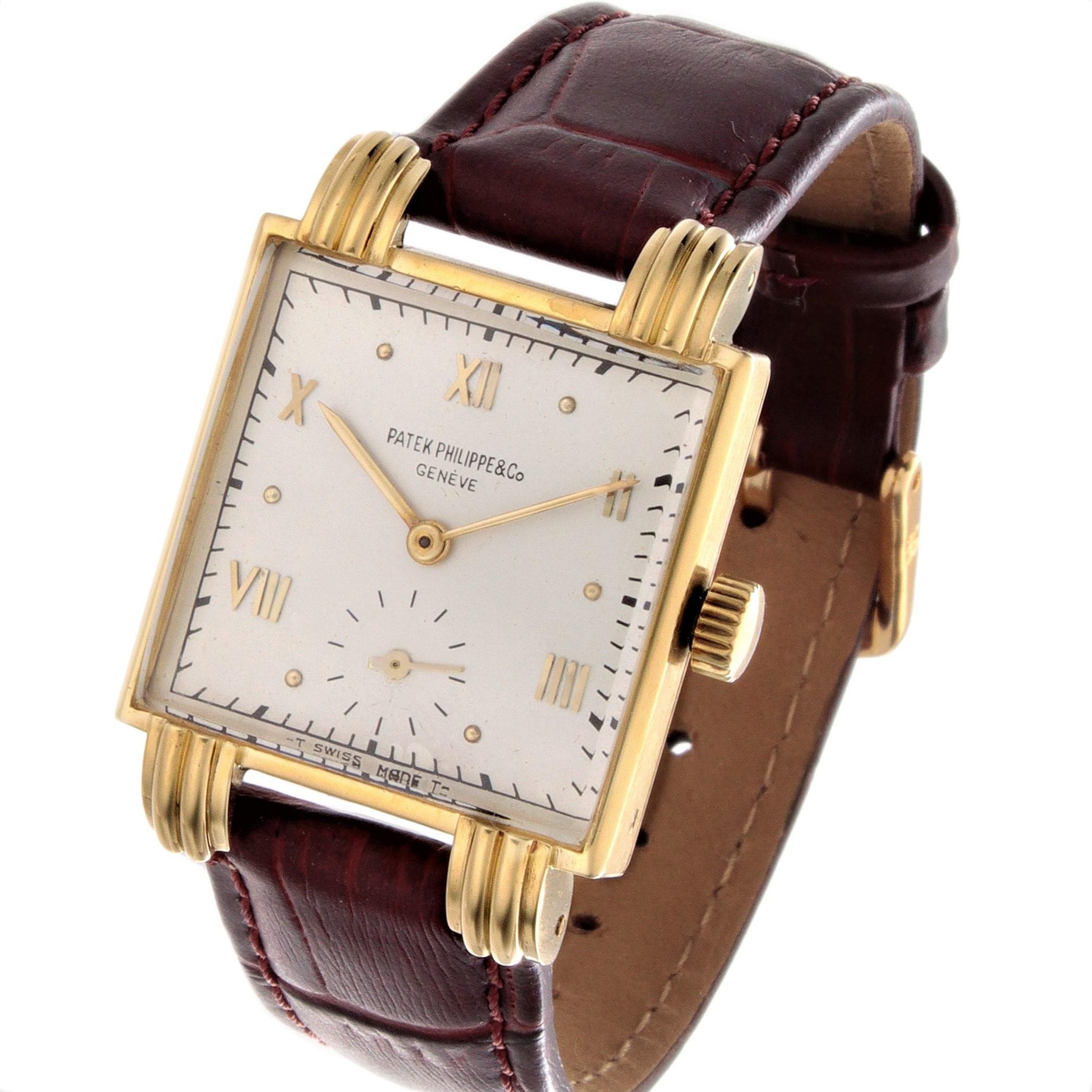 Patek Philippe Vintage 1567J, square watch with fluted lugs.

made in 18 karat yellow gold, the dial has  raised gold indexes. 

The watch was made in 1946 and is fitted with a 10
