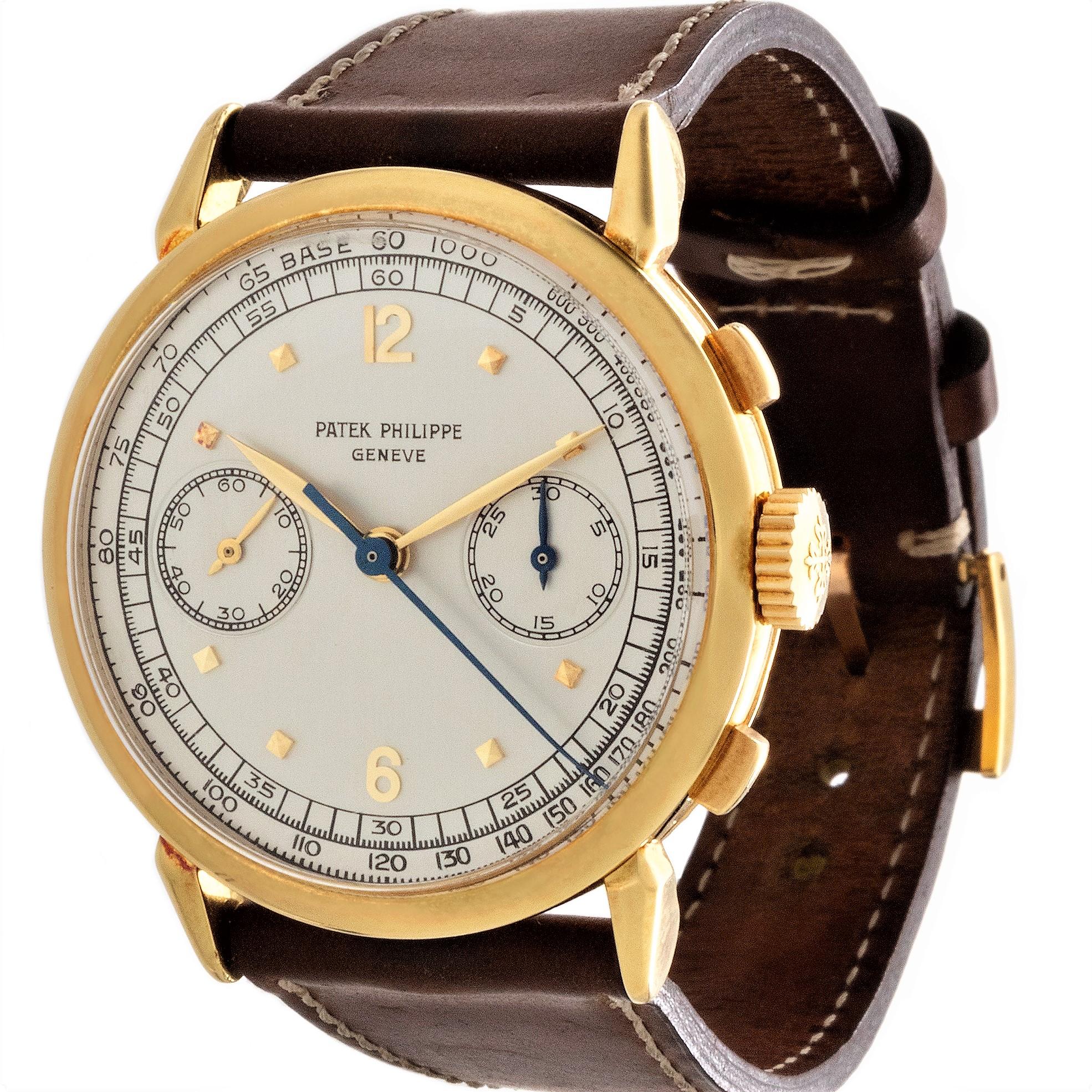 Rare Patek 1579J manual wind chronograph, made in 1951 and sold in 1952. This example has never been polished with stored orange yellow gold patina to the gold. Hallmarks are original and deep. 

The dial is original and has not been cleaned or