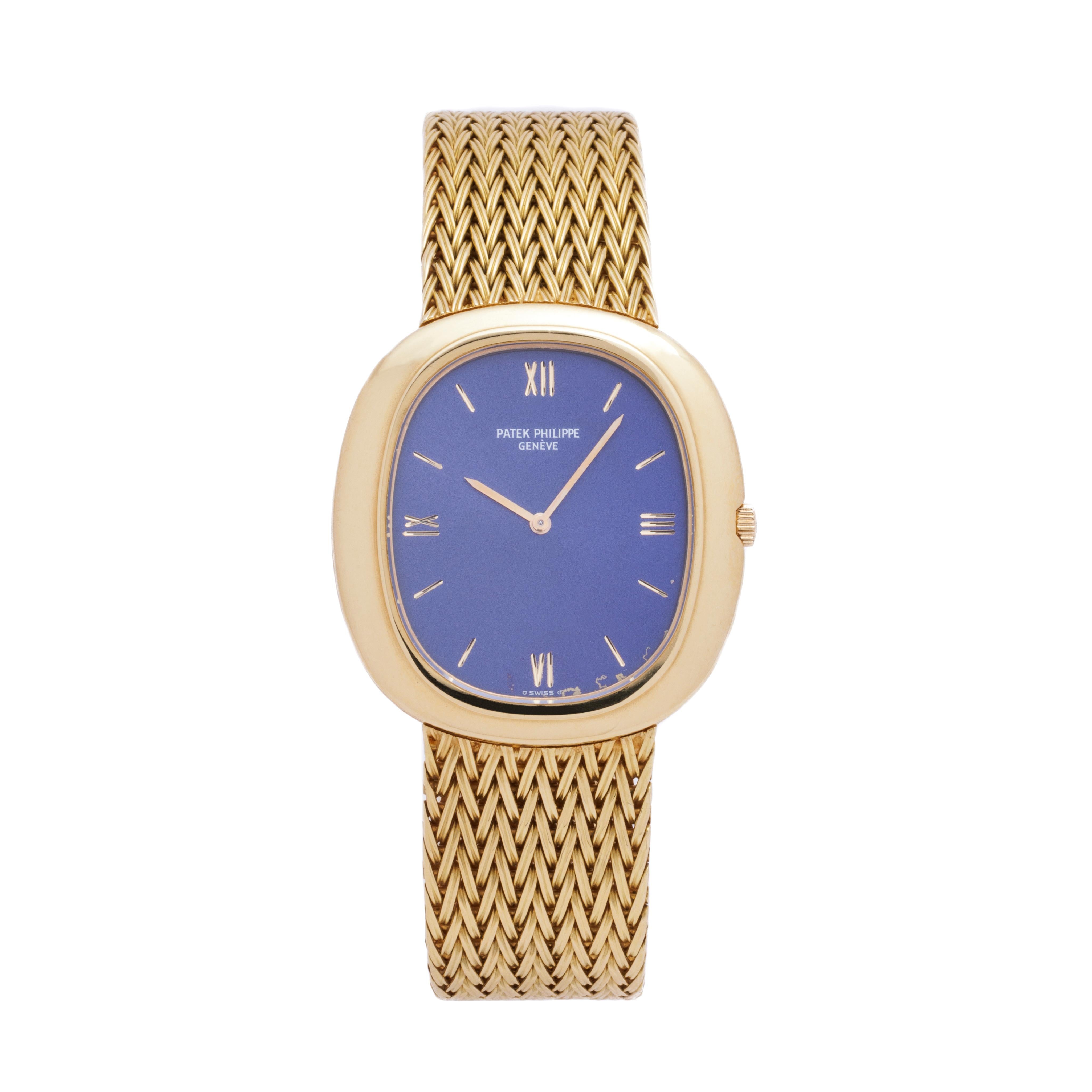 Patek Philippe Ellipse Model 3589 Automatic

Maker: Patek Philippe
Model: 3589 Ellipse
Year: c.1970
Material: 18K Yellow Gold
Dial: Carved Lapis Lazuli
Movement: Automatic
Case Measurement: H 3.5cm x 3.4cm
Weight: 94 grams
Size: Fits up to 8 inch