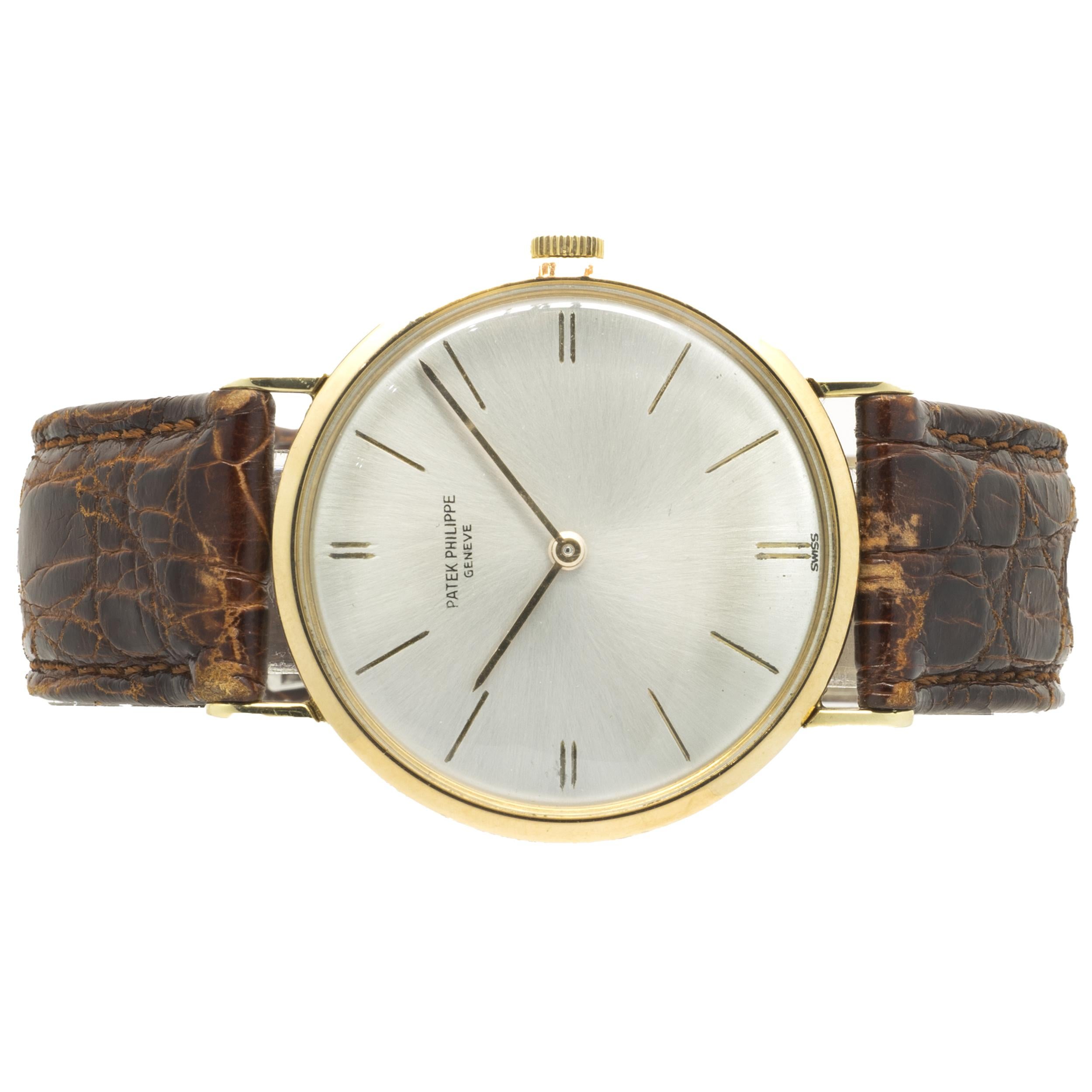 Movement: automatic
Function: hours, minutes
Case: 34mm 18K yellow gold round case, acrylic crystal
Dial: silver etched stick dial
Band: brown crocodile strap with buckle 
Reference #: 3468 
Serial #: 2656XXX




No box or papers included
Guaranteed