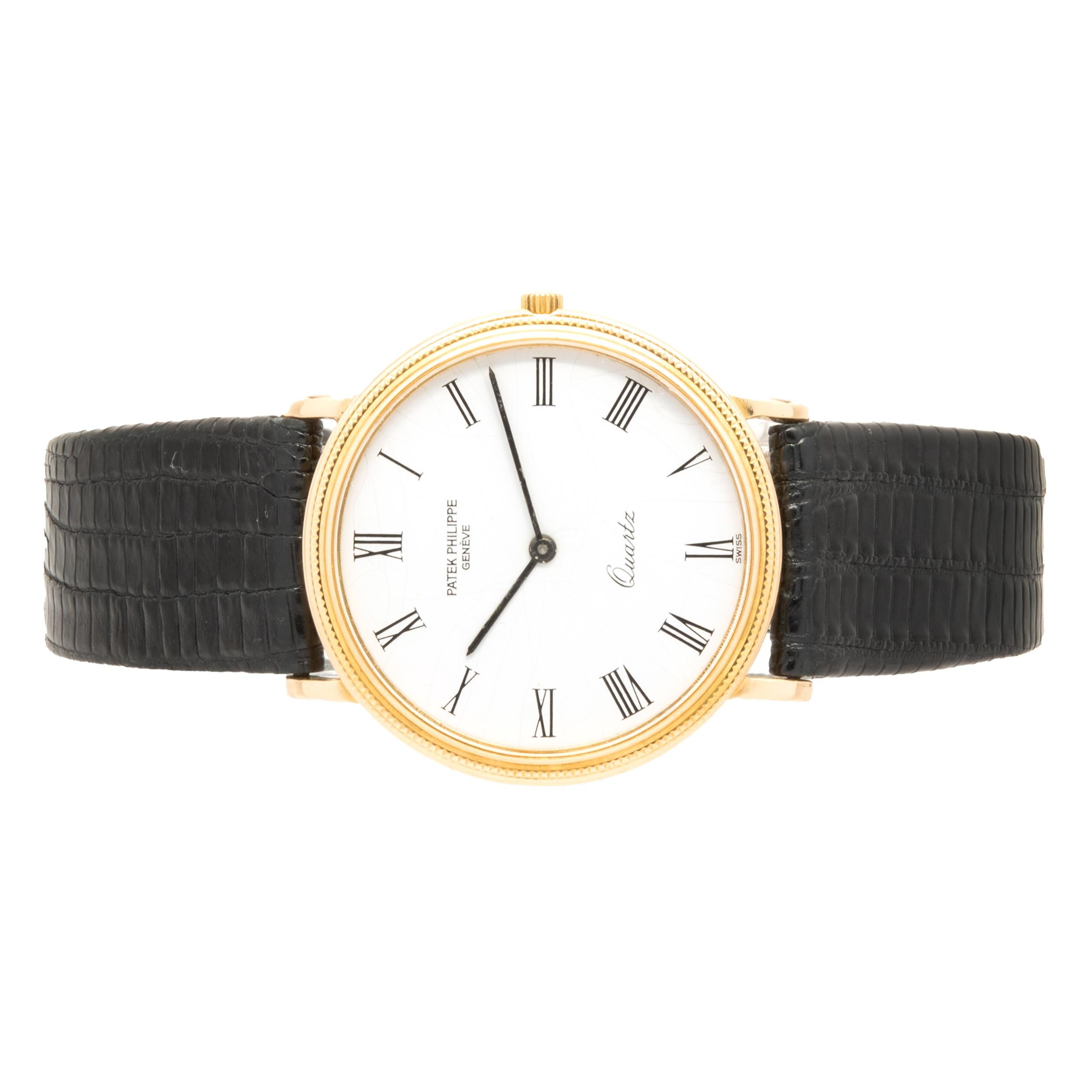 Movement: quartz
Function: hours, minutes
Case: 33mm 18K yellow gold round case, 18K yellow gold hobnail bezel, sapphire crystal, push pull crown
Band: black alligator strap, buckle
Dial: white roman
Reference: 3744
Serial: 2784XXX

Complete with