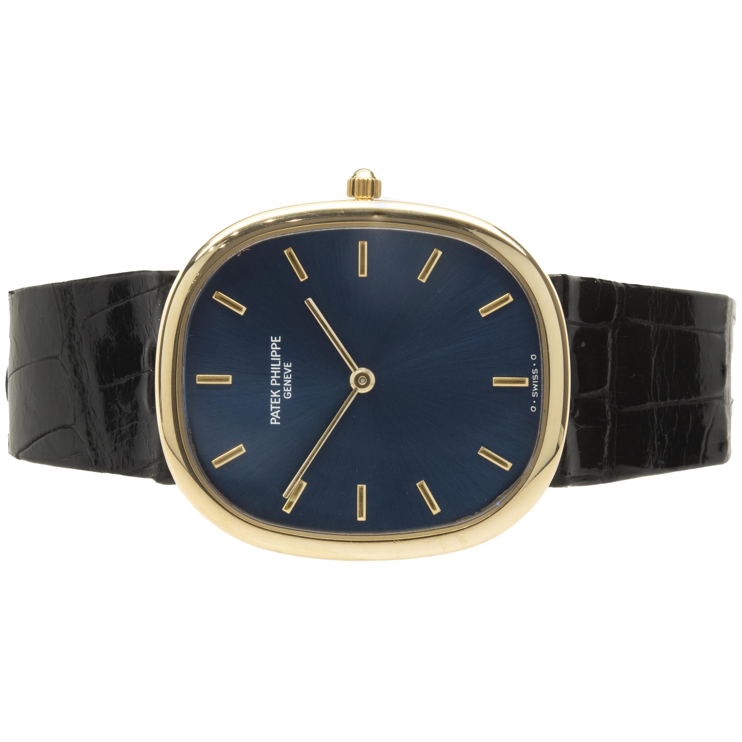 Movement: automatic
Function: hours, minutes
Case: 31 x 35.5mm 18K yellow gold oval case, 18K yellow gold smooth bezel, sapphire crystal, push pull crown
Band: black leather strap with buckle
Dial: blue stick
Reference: 3738/100
Serial: