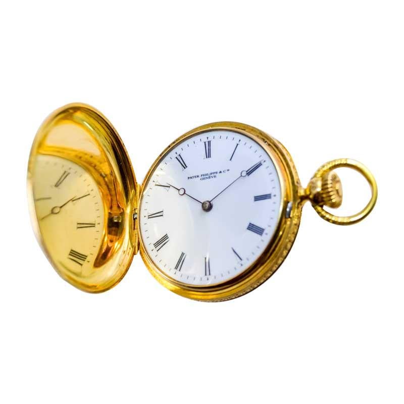 FACTORY / HOUSE: Patek Philippe Watch Company
STYLE / REFERENCE: Hunters Case Pocket Watch 
METAL / MATERIAL: 18kt Yellow Gold
CIRCA / YEAR: 1860's
DIMENSIONS / SIZE: Diameter 38mm 
MOVEMENT / CALIBER: Manual Winding / 17 Jewels / High Grade 
DIAL /