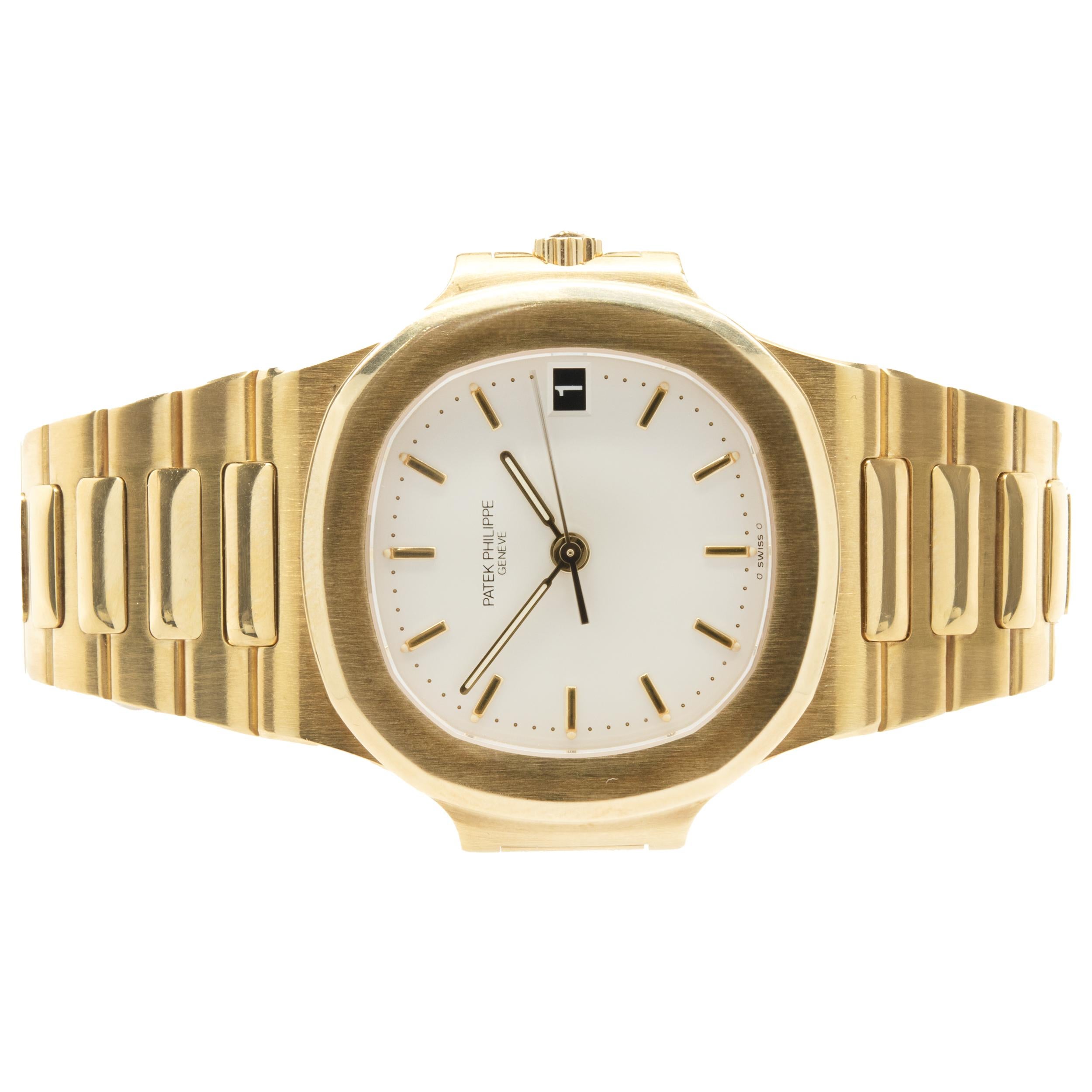Movement: automatic
Function: hours, minutes, date
Case: 37mm 18K yellow gold round case, smooth bezel, sapphire crystal, push pull crown
Band: Patek Philippe 18K yellow gold bracelet, 18k yellow gold integrated clasp
Dial: Ivory stick
Reference: