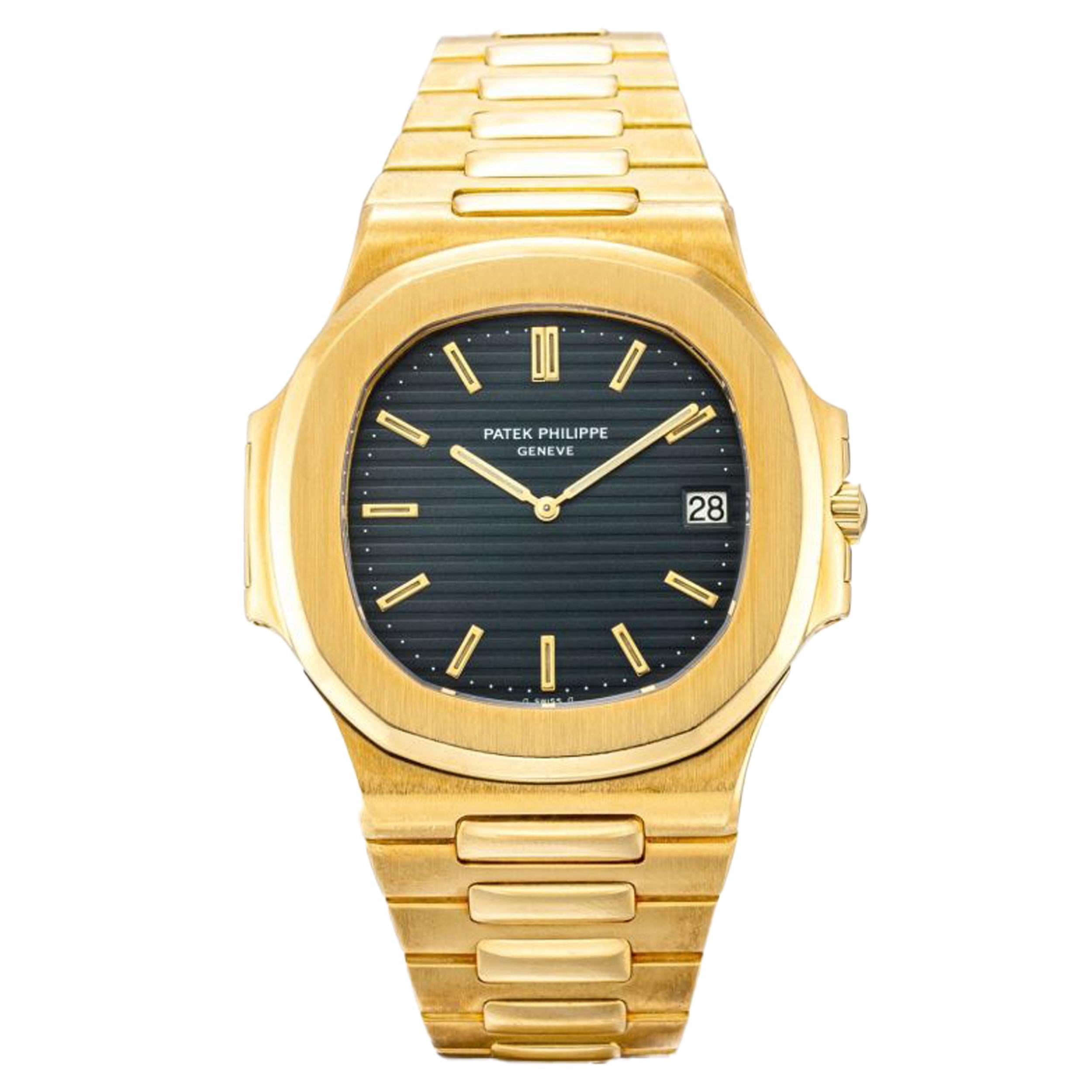 Movement: automatic
Function: hours, minutes, date
Case: 39.5mm 18K yellow gold round case, smooth bezel, sapphire crystal, push pull crown
Band: Patek Philippe 18K yellow gold bracelet, 18k yellow gold integrated clasp
Dial: black stick
Reference: