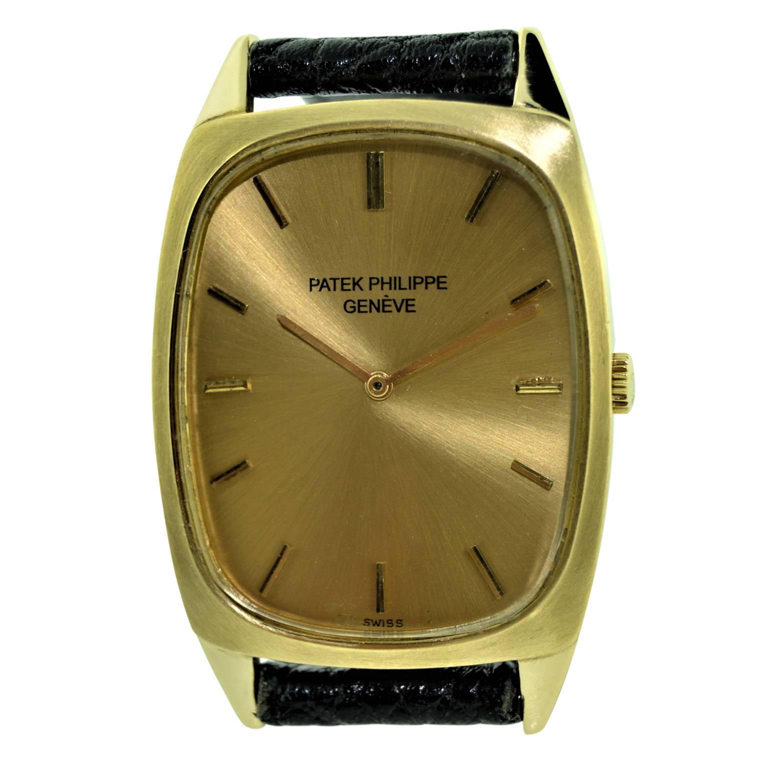 FACTORY / HOUSE: Patek Philippe & Cie.
STYLE / REFERENCE: Ovoid Strap Model / Ref. 3567
METAL / MATERIAL: 18kt Yellow Gold 
CIRCA: 1970's
DIMENSIONS: 40mm X 26mm
MOVEMENT / CALIBER: Manual Winding / 18 Jewels / Cal. 175
DIAL / HANDS: Original Gilt