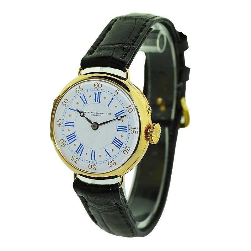 FACTORY / HOUSE: Patek Philippe  & Cie. 
STYLE / REFERENCE: Early Wrist Watch 
METAL / MATERIAL: 18KT.  Yellow Gold 
CIRCA / YEAR: 1907
DIMENSIONS / SIZE: 34mm X 32mm
MOVEMENT / CALIBER: Manual Winding / 15 Jewels / Pin Setting
DIAL / HANDS: Kiln
