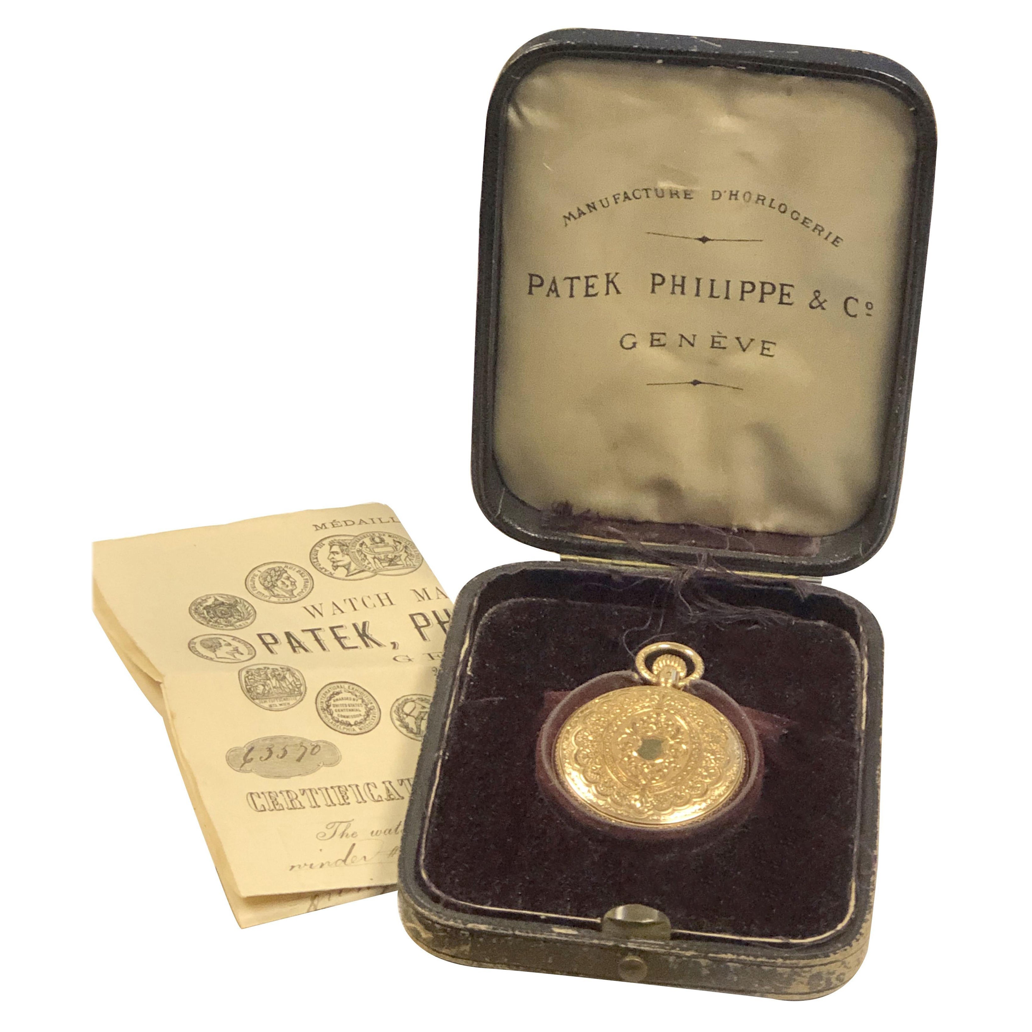 Patek Philippe 1883 Oro giallo cesellato a mano Orologio da tasca Scatola e documenti