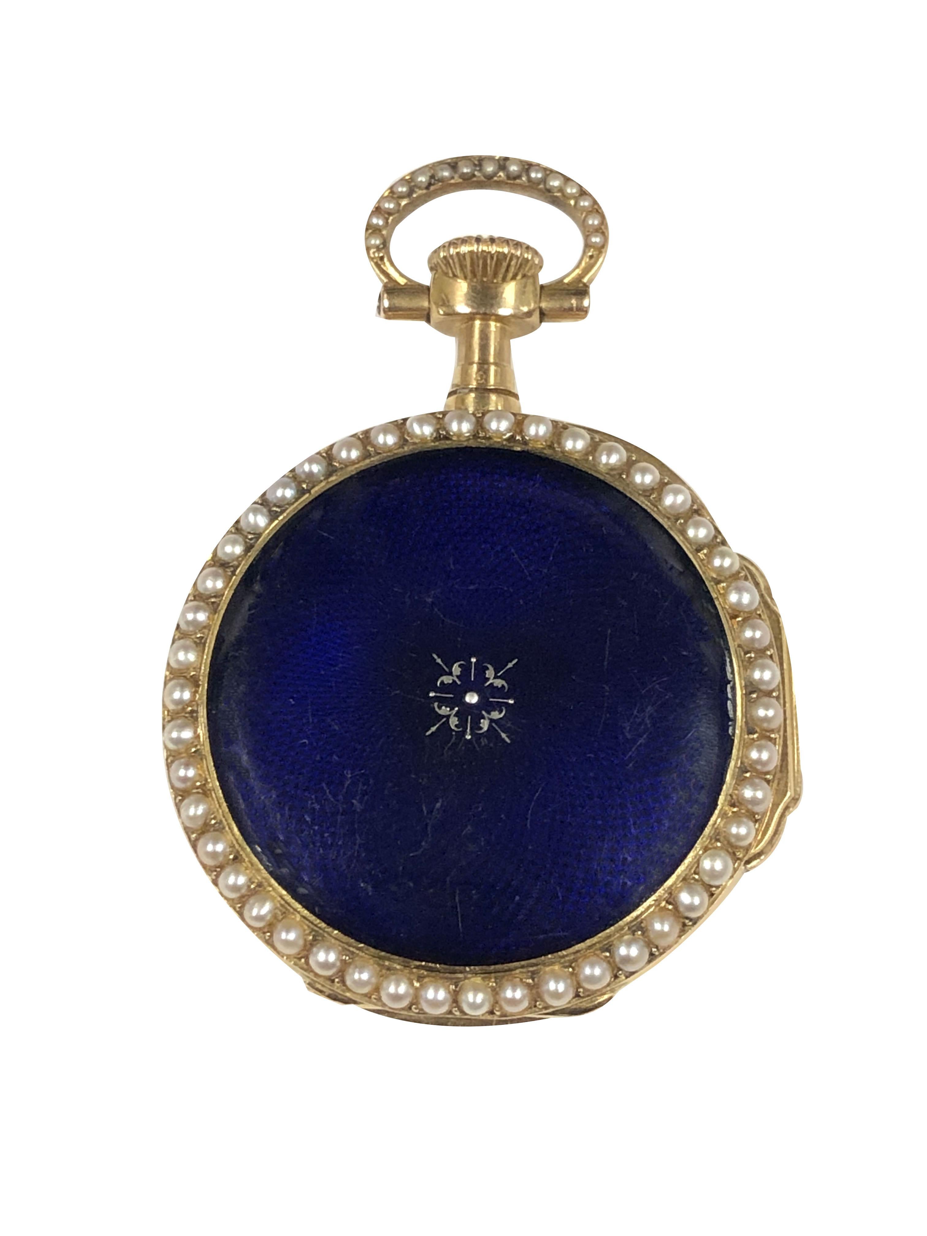 Circa 1893 Very Fine Patek Philippe Ladies Pendant Watch, 33 M.M. 18K Yellow Gold Patek Philippe signed hinged case, Gold inside Dust cover with a presentation dated 1893. Jeweled Patek Philippe signed Gilt Lever movement, Cobalt Blue Enamel Dial