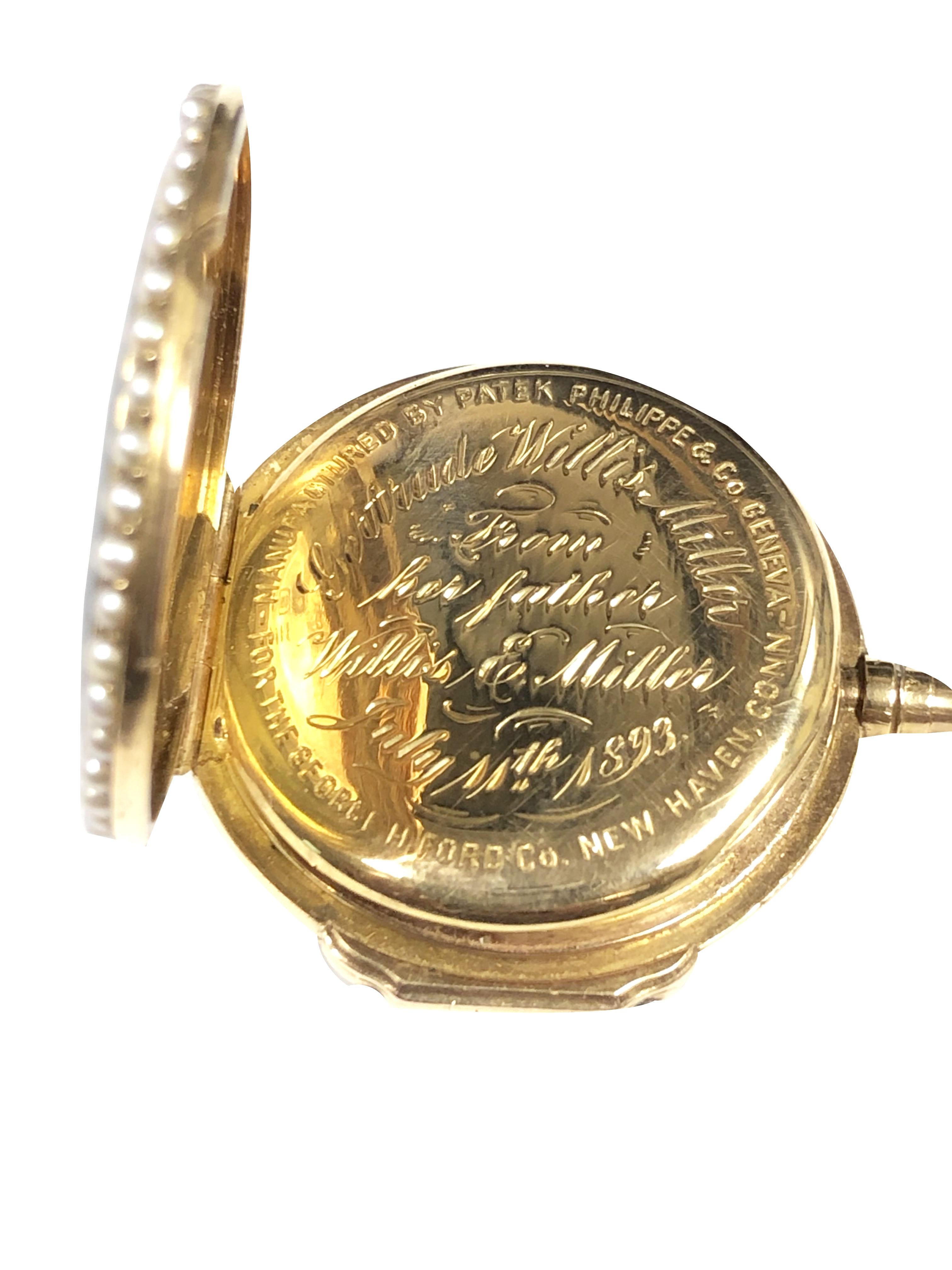 Round Cut Patek Philippe 1893 Gold Enamel and Pearl Presentation Pendant Watch