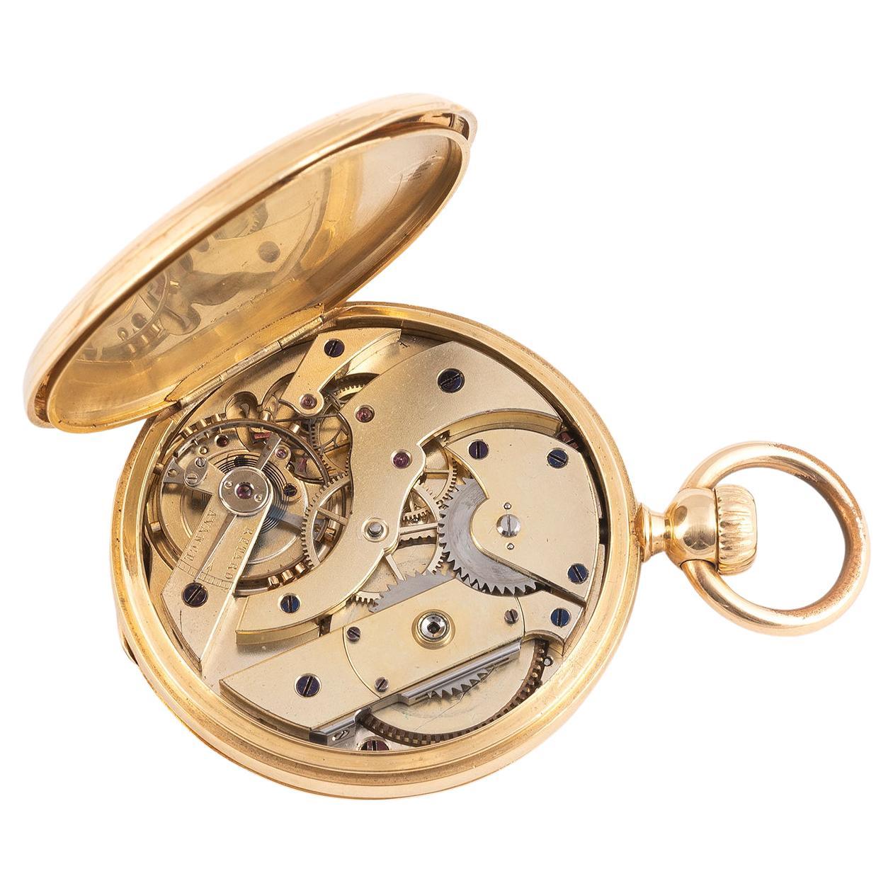 

Date: Circa 1870
Movement: Swiss lever, cut and compensated bi-metallic balance
Dial: White, black Roman numerals, black outer minute track, subsidiary seconds at 6, blued steel spade hands
Case: Engine turned hinged, personal engraving to