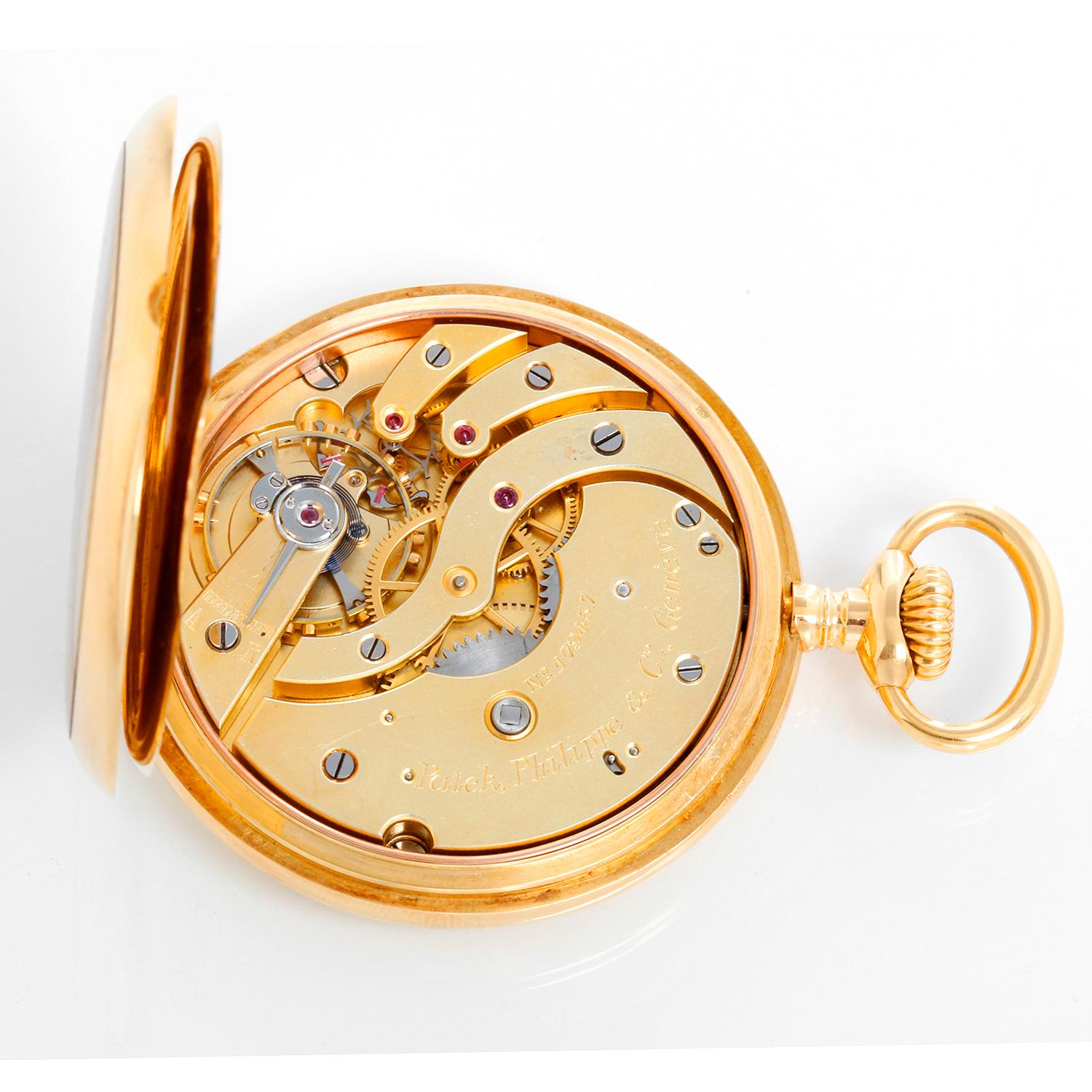 Patek Philippe 18K Hunting Case Roman Numerals Pocket Watch In Excellent Condition For Sale In Dallas, TX