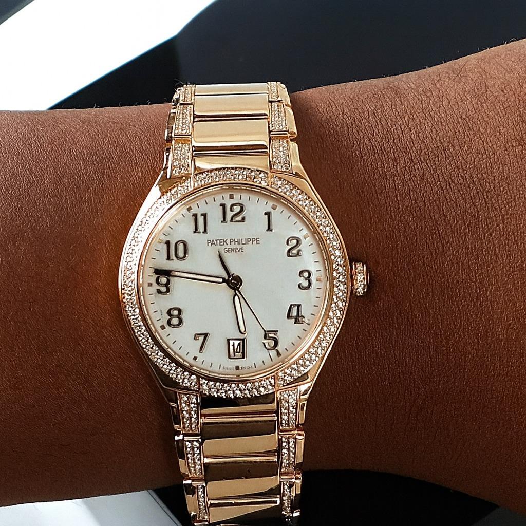 Patek Philippe 18K Rose Gold Twenty Automatic Pavé Diamond Watch In Excellent Condition For Sale In Chicago, IL