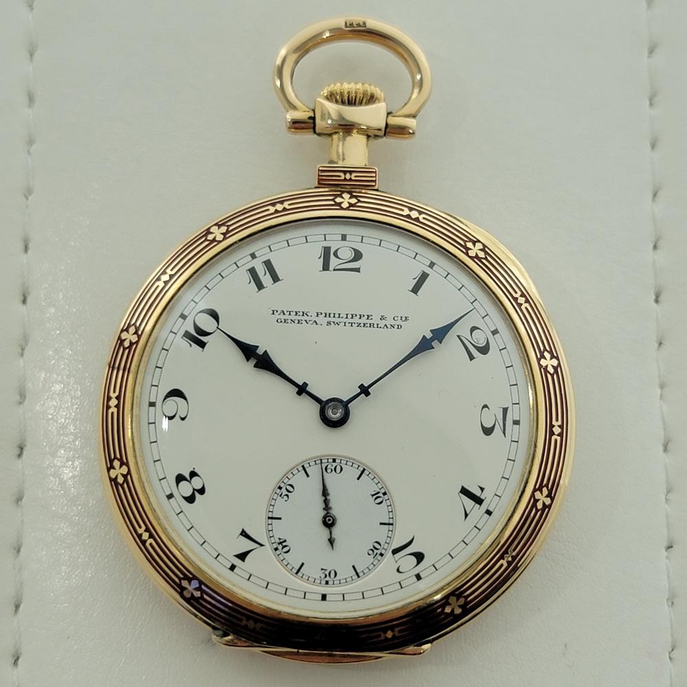 Timeless luxury, 18k solid gold Patek Philippe for COWELL & HUBBARD CO. open face pocket watch, c.1925, in excellent working condition. Verified authentic by a master watchmaker. Gorgeous, Geneve hallmarked Patek Philippe signed white enamel dial,