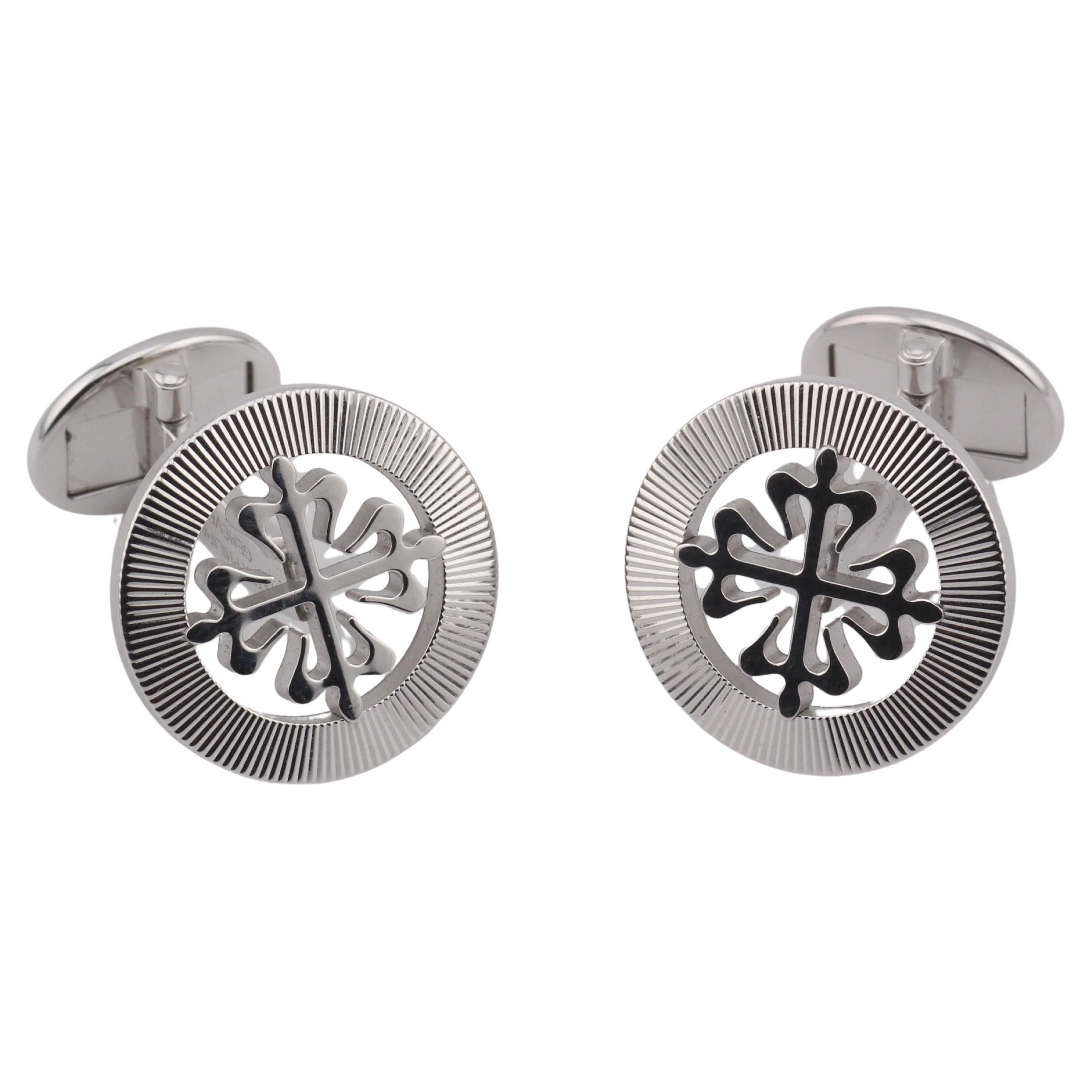 Patek Philippe Diamond Onyx 18K White Gold Calatrava Cufflinks 2059108G001 at 1stDibs