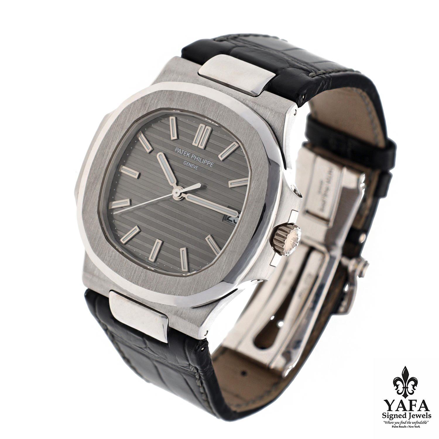 Basic Information
- Brand: Patek Philippe
- Model: Nautilus
- Reference number: 5711G-001
- Movement: Automatic
- Case Size: 40mm
- Dial: Gray
- Case Material: 18K White Gold
- Bracelet Material: Black Mississippi Alligator 
- Approximate Year of