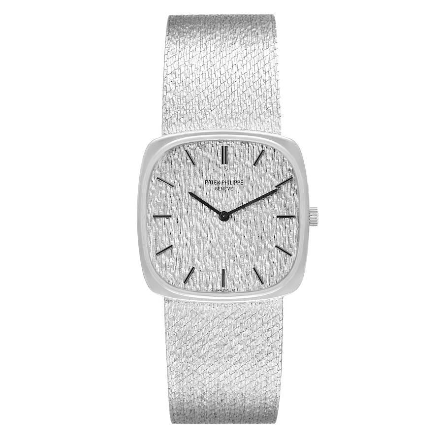 Patek Philippe 18k White Gold Silver Dial Vintage Mens Watch 3666. Manual winding movement. 18k white gold case 28.0 mm x 28.0 mm. . Scratch resistant sapphire crystal. Silver textured dial with raised white gold baton hour markers and hands. 18K
