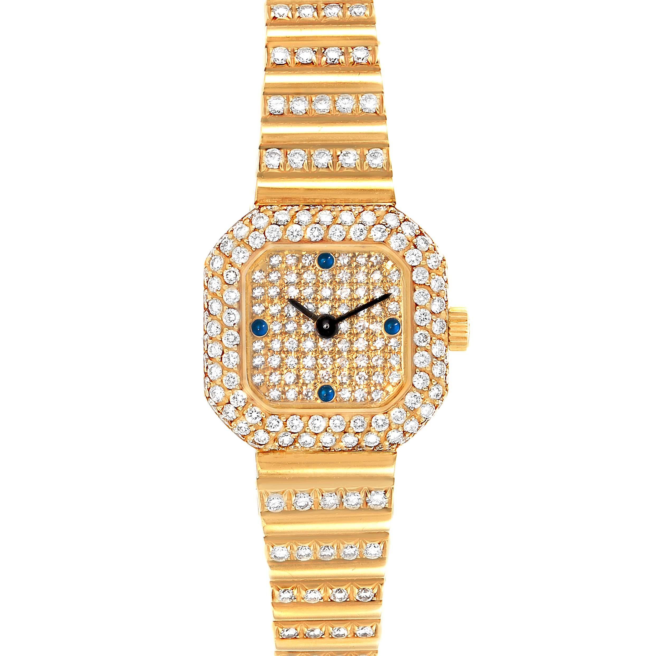 Patek Philippe 18K Yellow Gold Diamond Sapphire Cocktail Ladies Watch 4628. Manual winding movement. Caliber 16-250, rhodium-plated, fausses cotes decoration, 18 jewels, straight-line lever escapement, monometallic balance adjusted to heat, cold