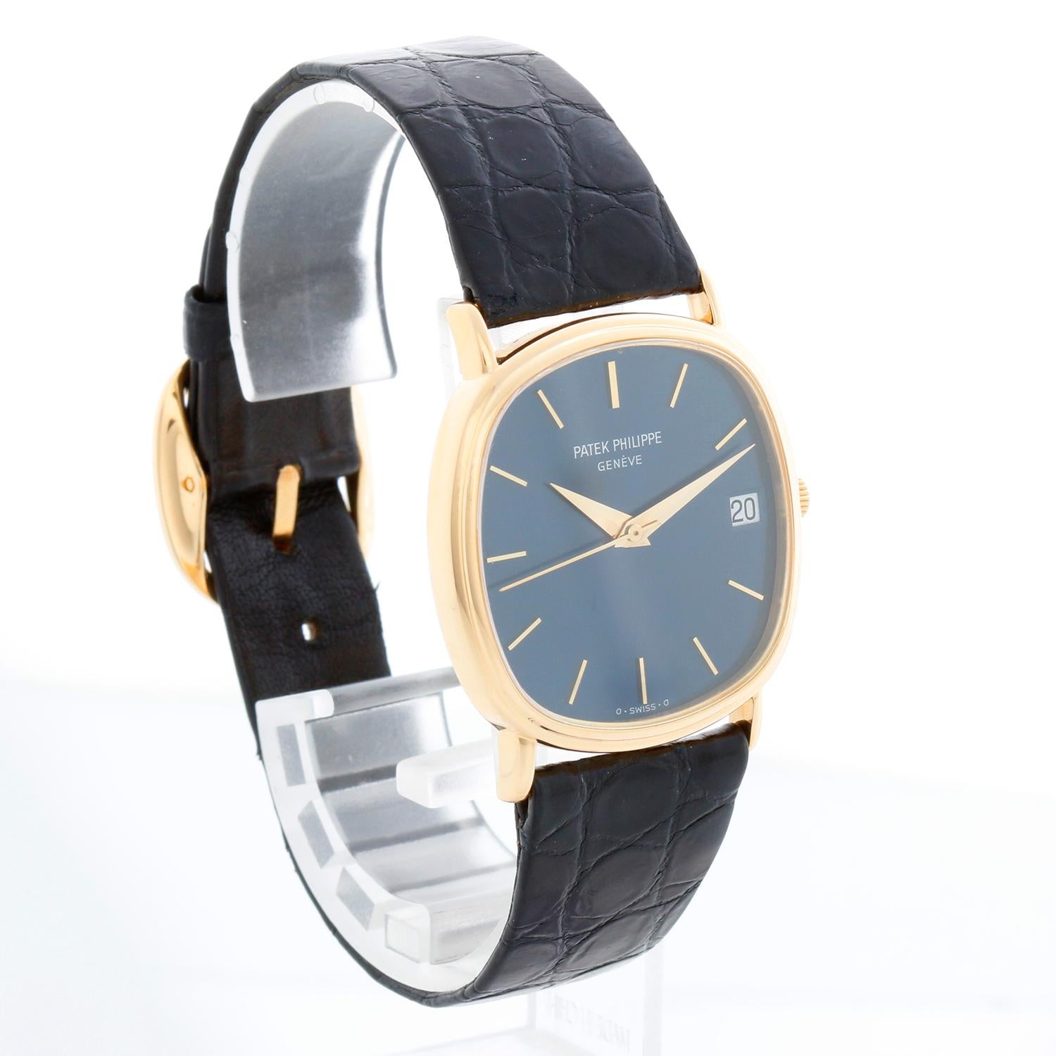 Reloj Patek Philippe Ellipse Oro Amarillo 18k Ref. 3734 - Automático con fecha. Elipse. Caja de oro amarillo de 18 quilates (22 mm x 38 mm). Esfera azul con marcadores de bastón dorados. Correa Patek Philippe con hebilla Patek Philippe de oro