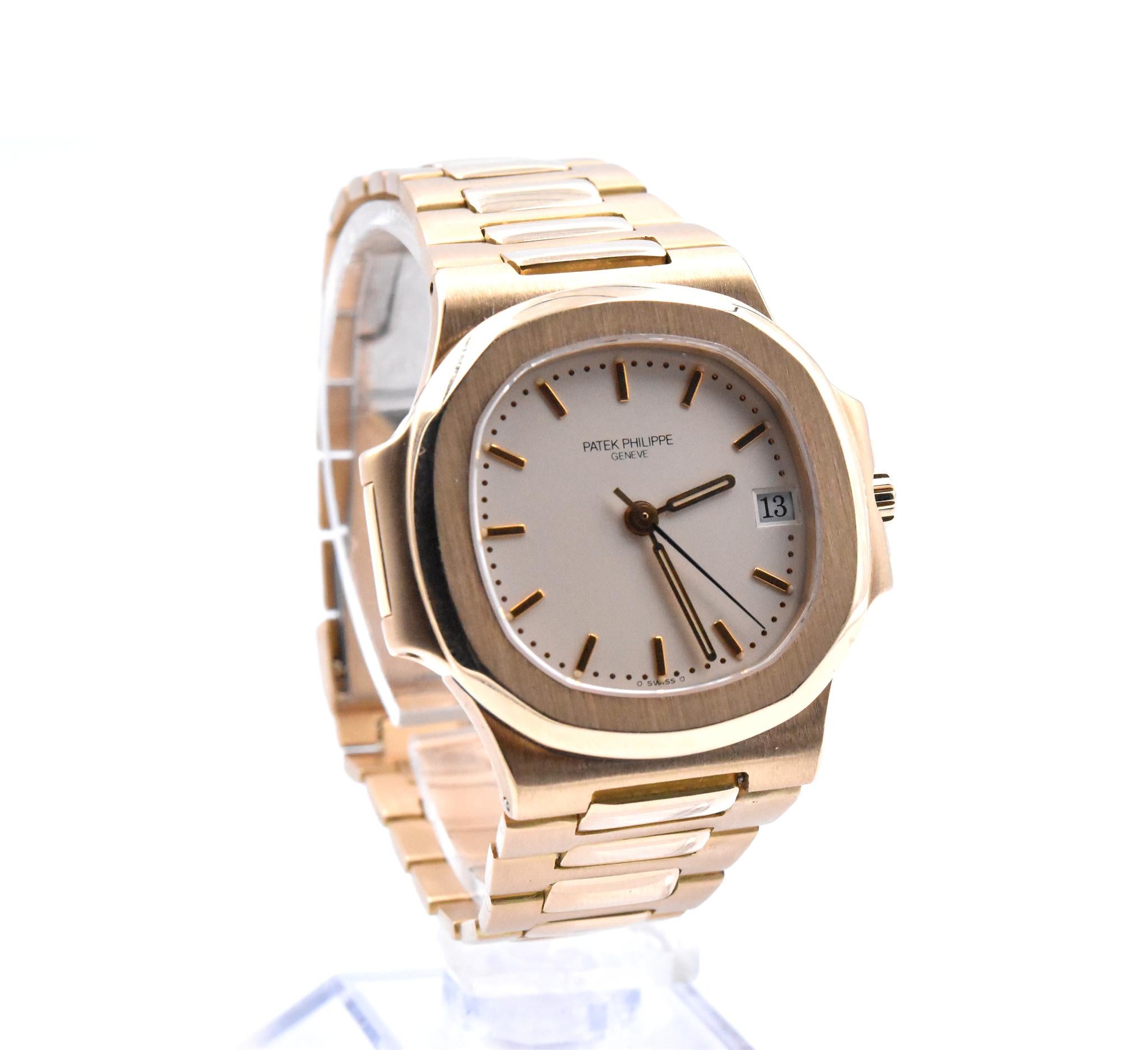 Movement: automatic
Function: hours, minutes, seconds, date at 3 o’clock
Case: 37.5mm yellow gold case, sapphire protective crystal, push/pull crown
Dial: cream dial with yellow gold hands and stick hour markers
Band: factory yellow gold Patek